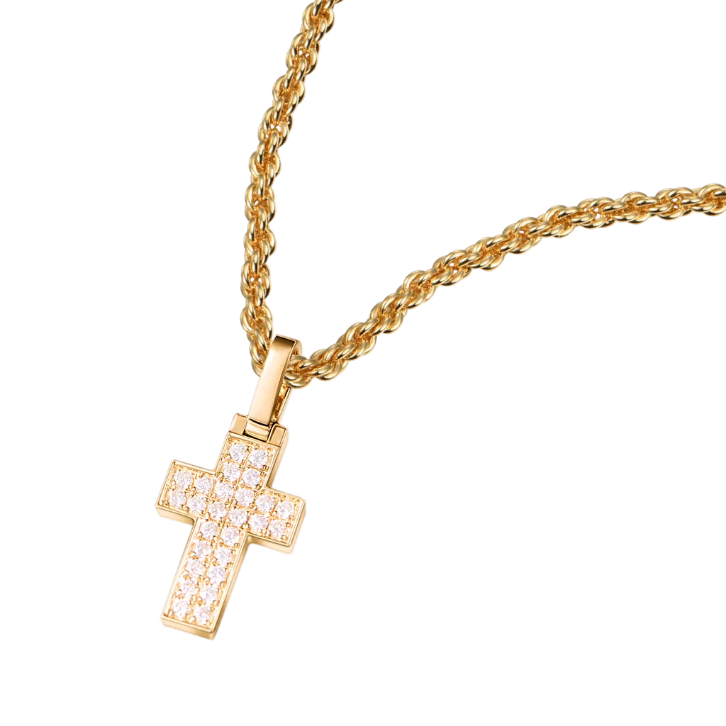 18K Solid Gold Diamond Cross Pendant - Micro