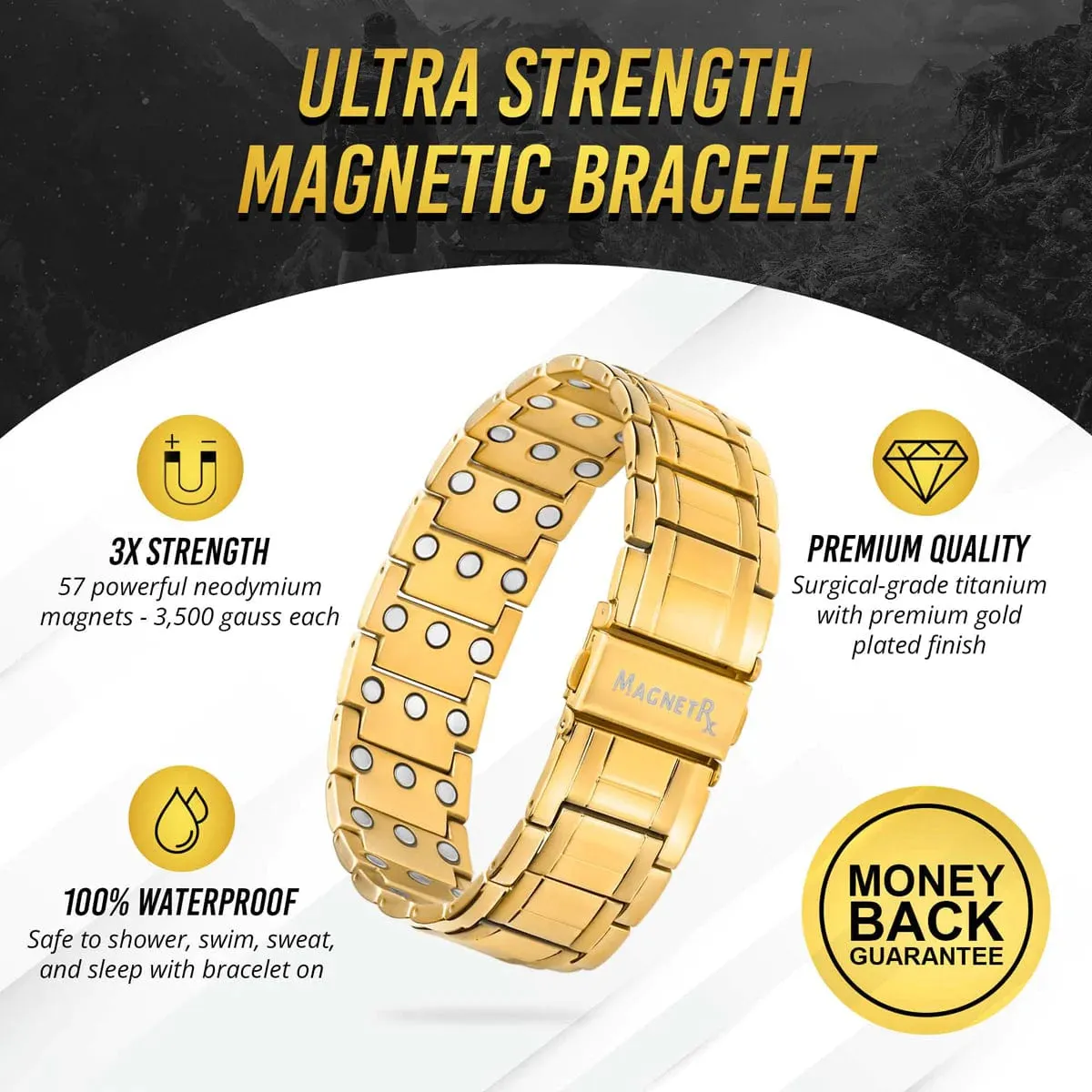 3x Strength Titanium Magnetic Bracelet for Men (Gold)