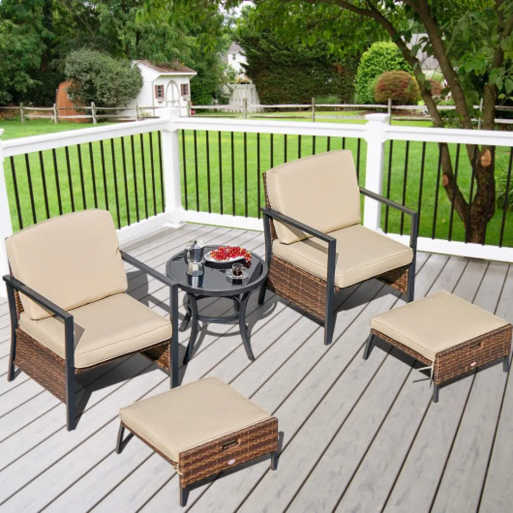 5 Pieces Patio Wicker Conversation Set with Soft Cushions for Garden Yard