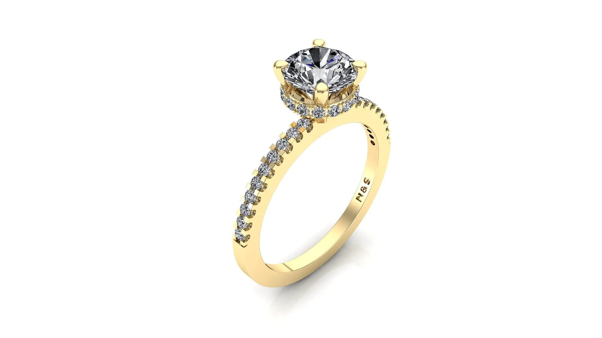 5.5mm (0.60ct) Rañe ForeverOne Round Moissanite Four Prong Diamond Underhalo Engagement Ring 14K Gold MOENG081