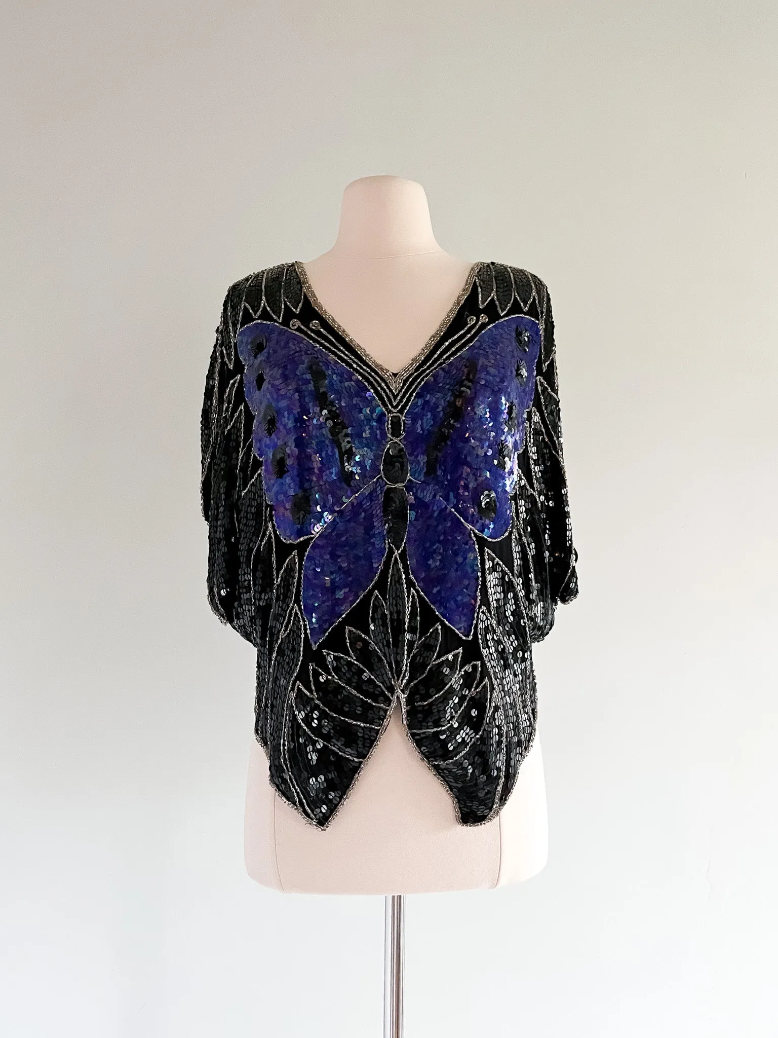 Amazing Silver and Violet Sequin Butterfly Party Top / Sz M/L