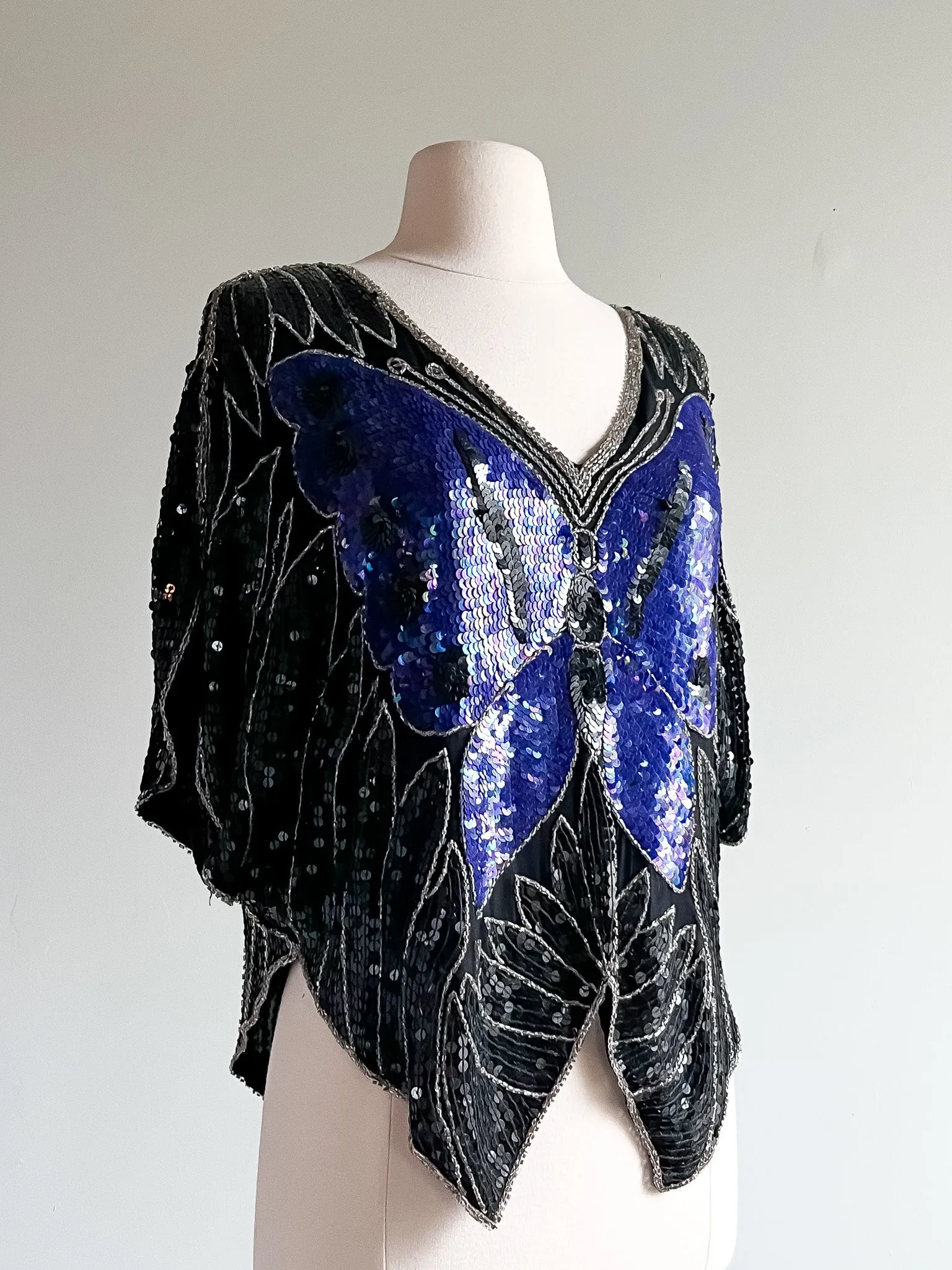 Amazing Silver and Violet Sequin Butterfly Party Top / Sz M/L