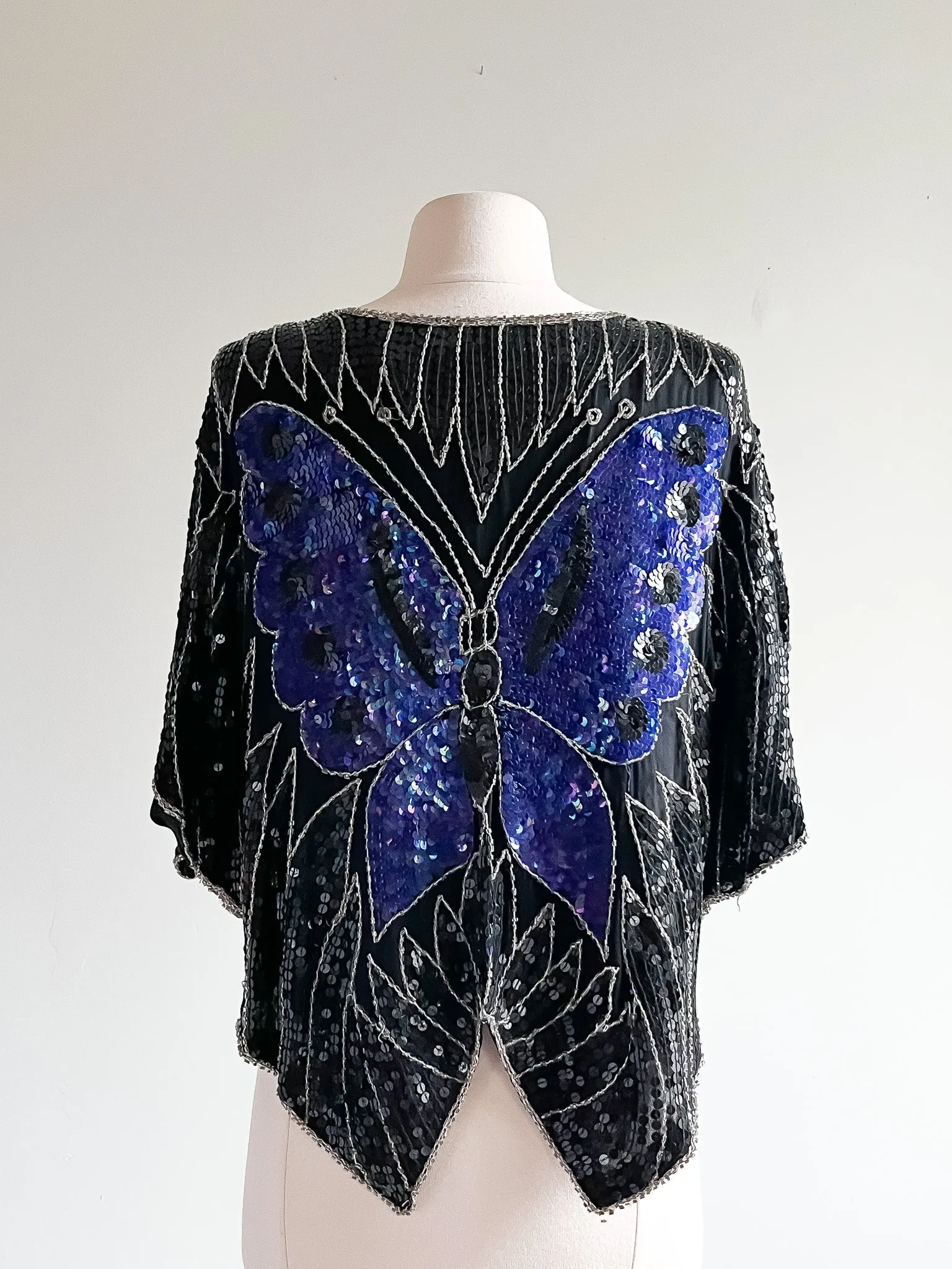 Amazing Silver and Violet Sequin Butterfly Party Top / Sz M/L