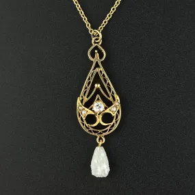 Antique Edwardian 10K Gold Diamond Seed Pearl Lavaliere Necklace