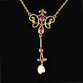 Antique Edwardian 10K Gold Pearl Ruby Necklace