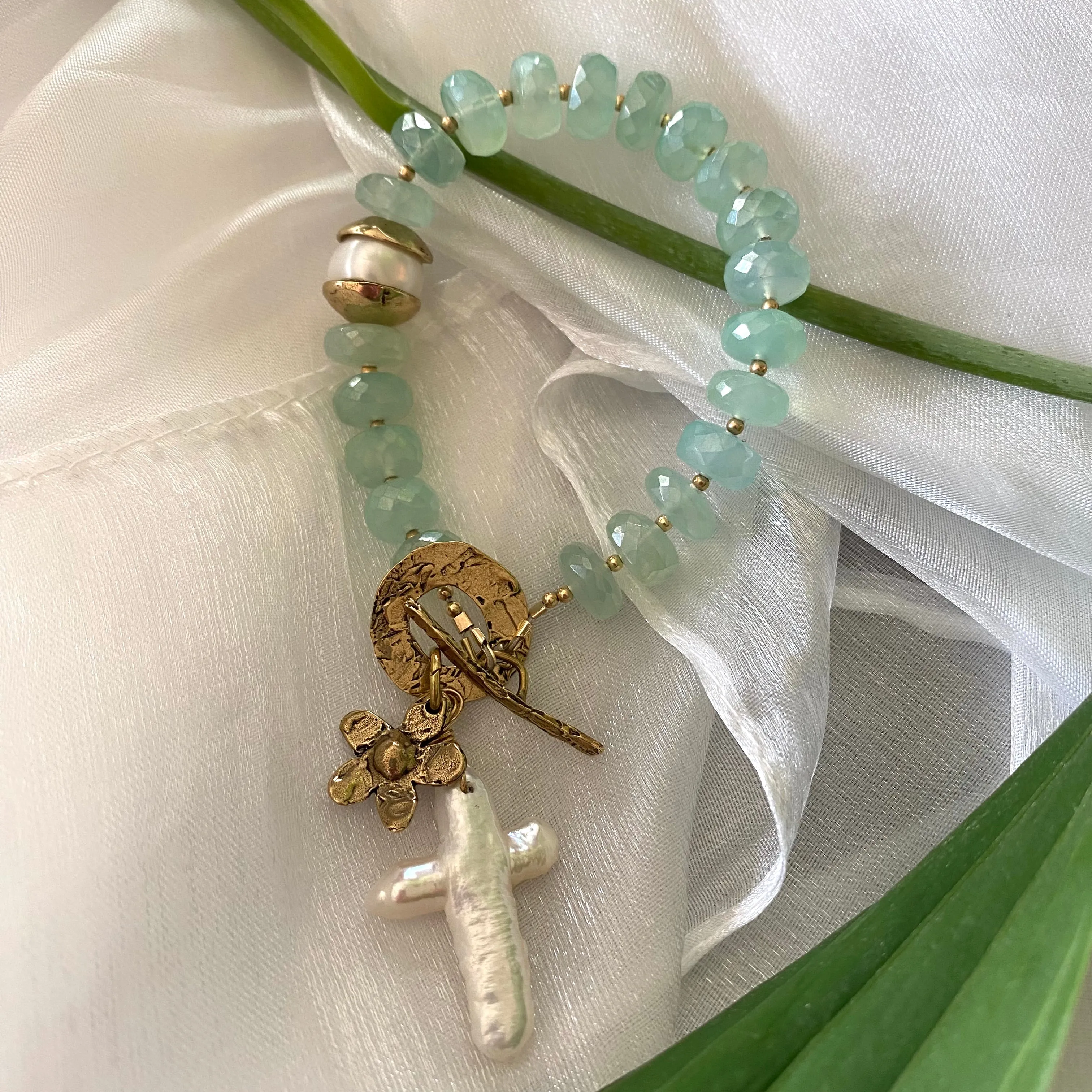 Aqua Green Chalcedony Bracelet, Freshwater Cross Pearl Pendant & Daisy Charm, Artisan Gold Bronze & Gold Filled Details,7in