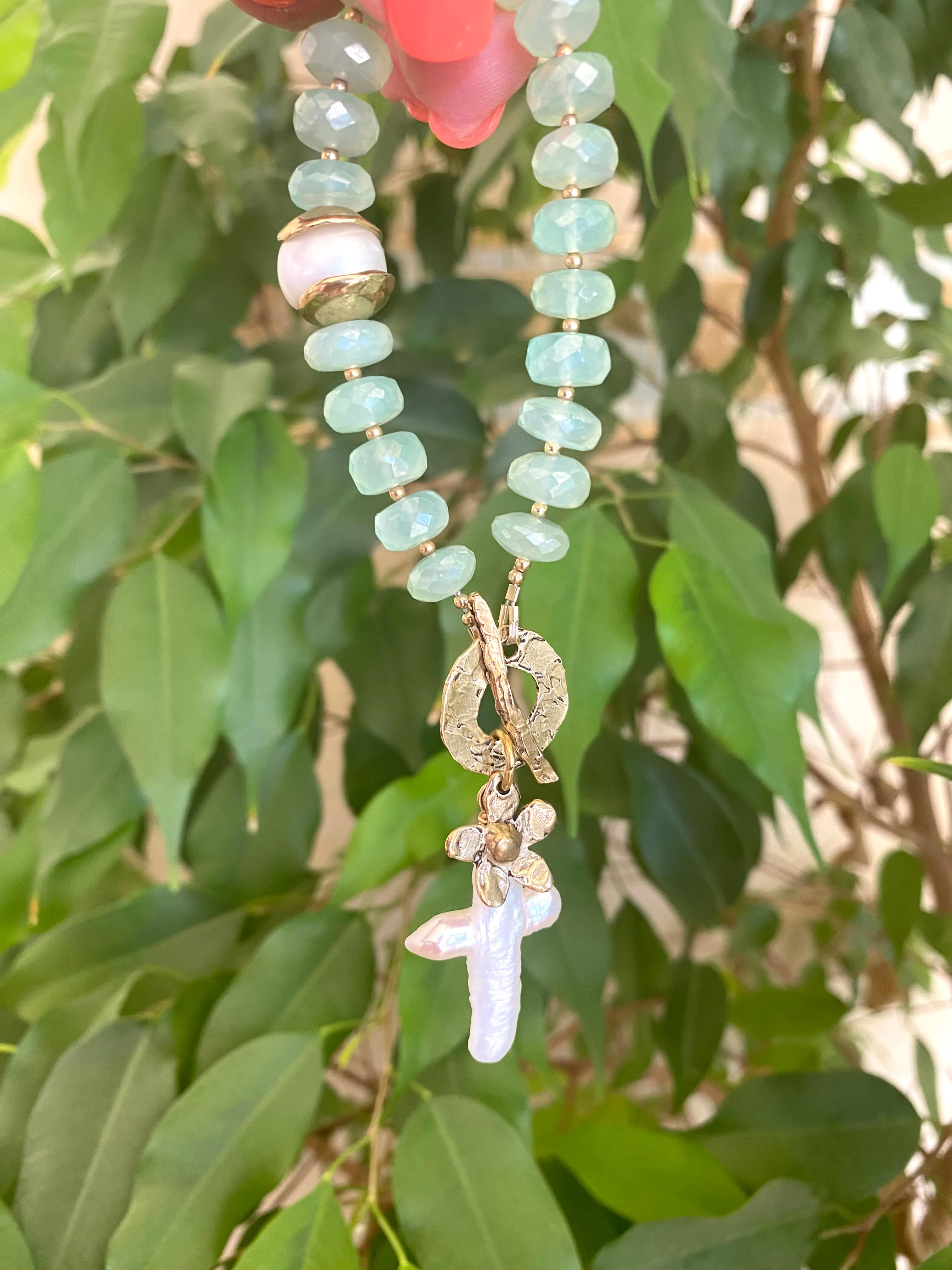 Aqua Green Chalcedony Bracelet, Freshwater Cross Pearl Pendant & Daisy Charm, Artisan Gold Bronze & Gold Filled Details,7in