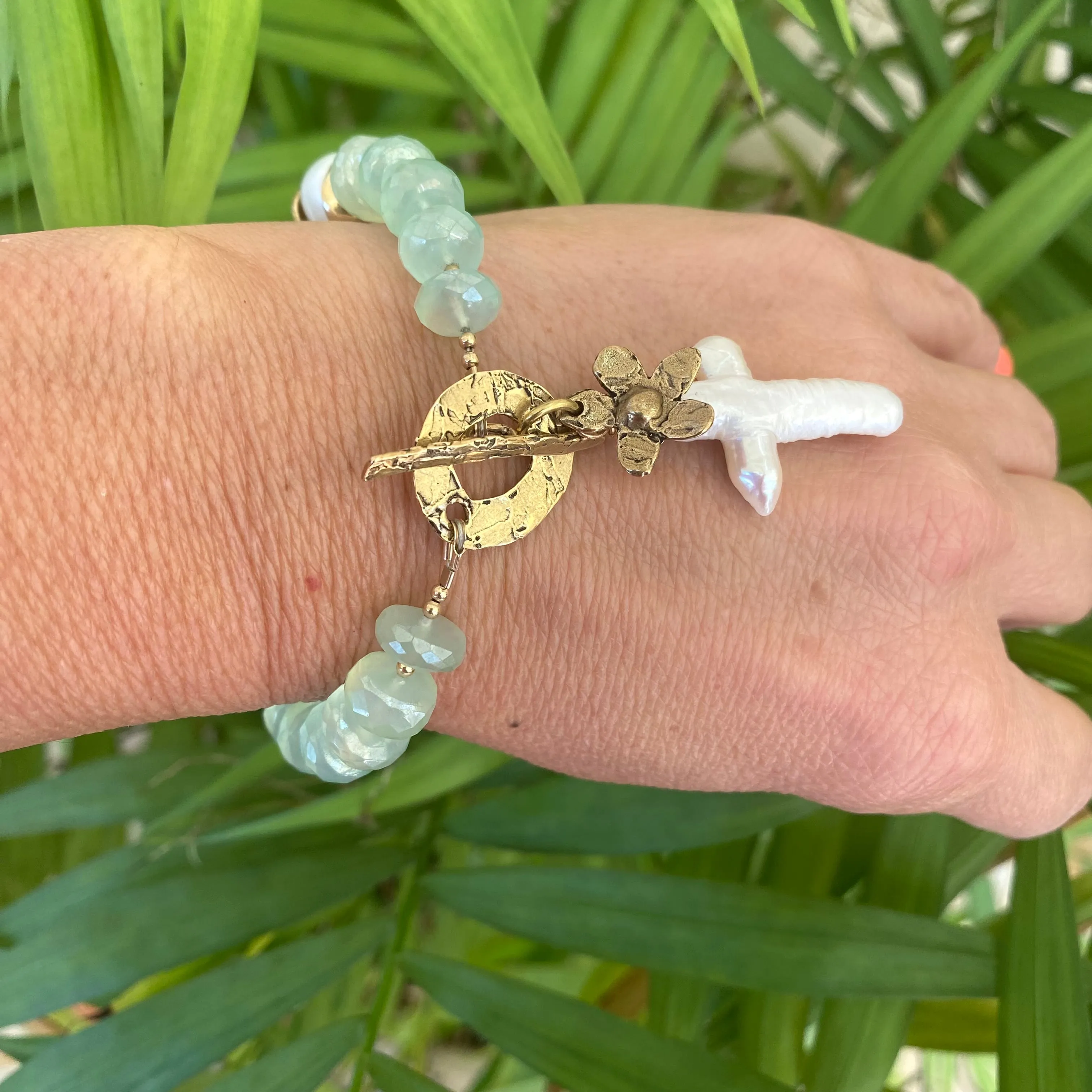 Aqua Green Chalcedony Bracelet, Freshwater Cross Pearl Pendant & Daisy Charm, Artisan Gold Bronze & Gold Filled Details,7in