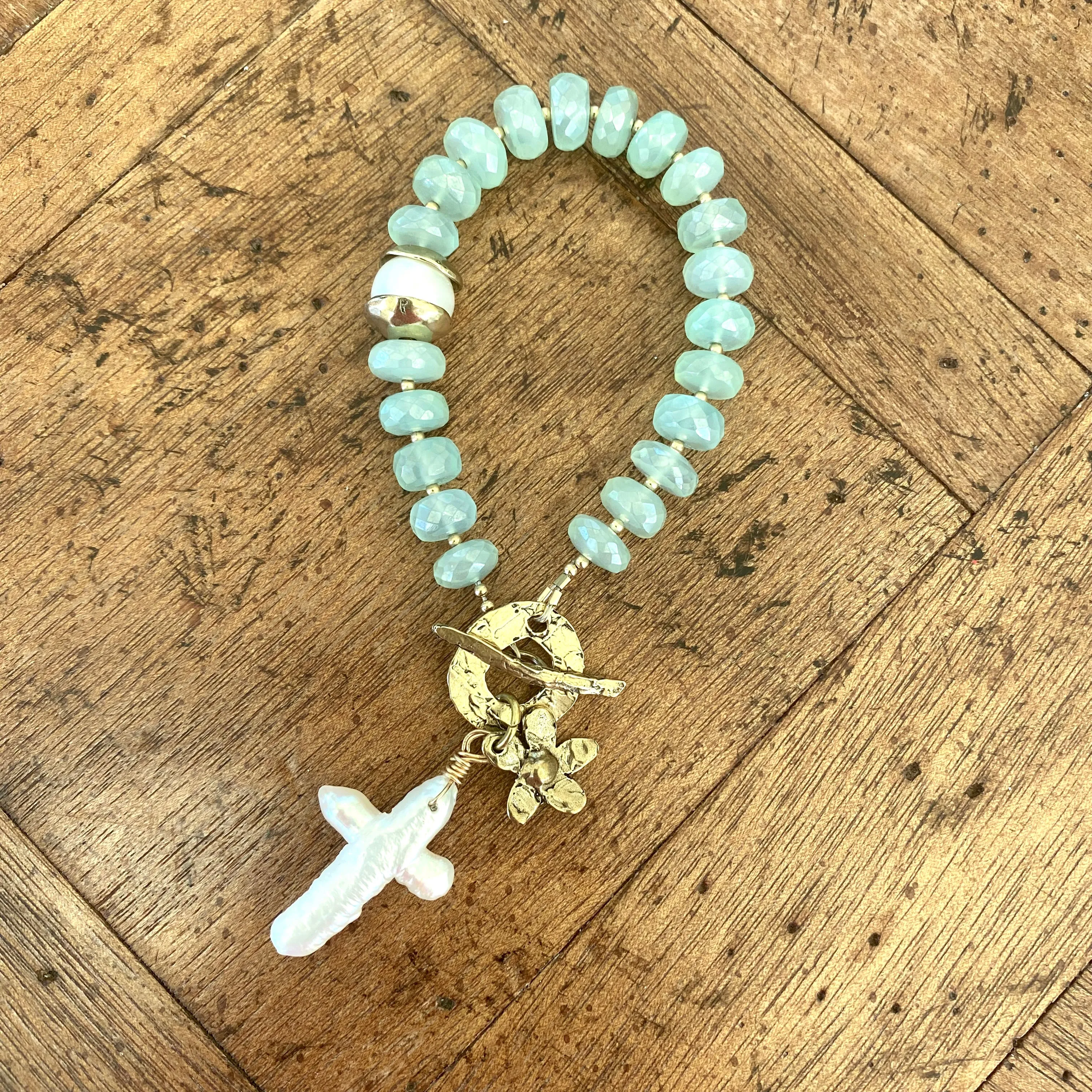 Aqua Green Chalcedony Bracelet, Freshwater Cross Pearl Pendant & Daisy Charm, Artisan Gold Bronze & Gold Filled Details,7in