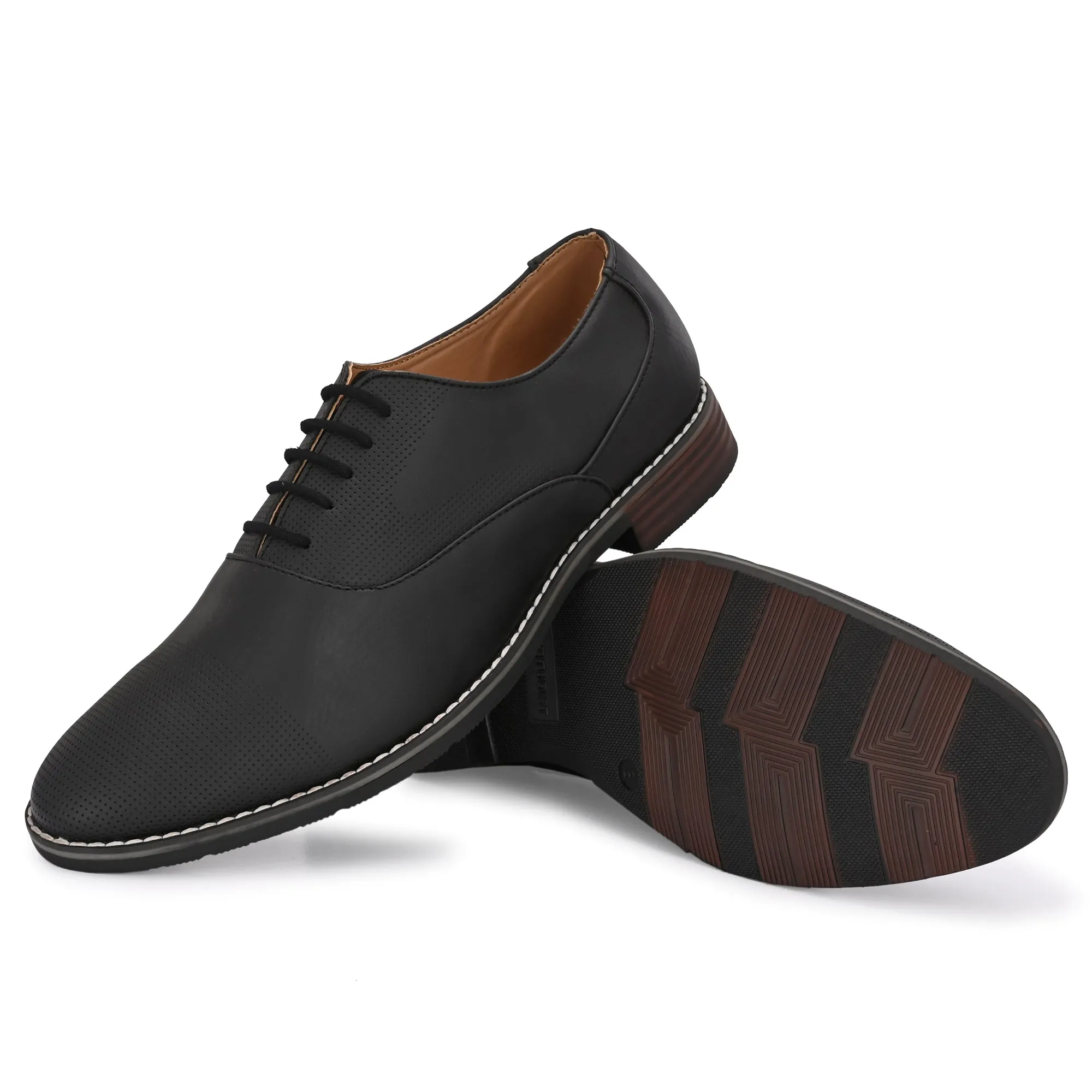 Attitudist Unisex Handcrafted Plain Oxford Matte Black Formal Derby Shoes With Textured Toe