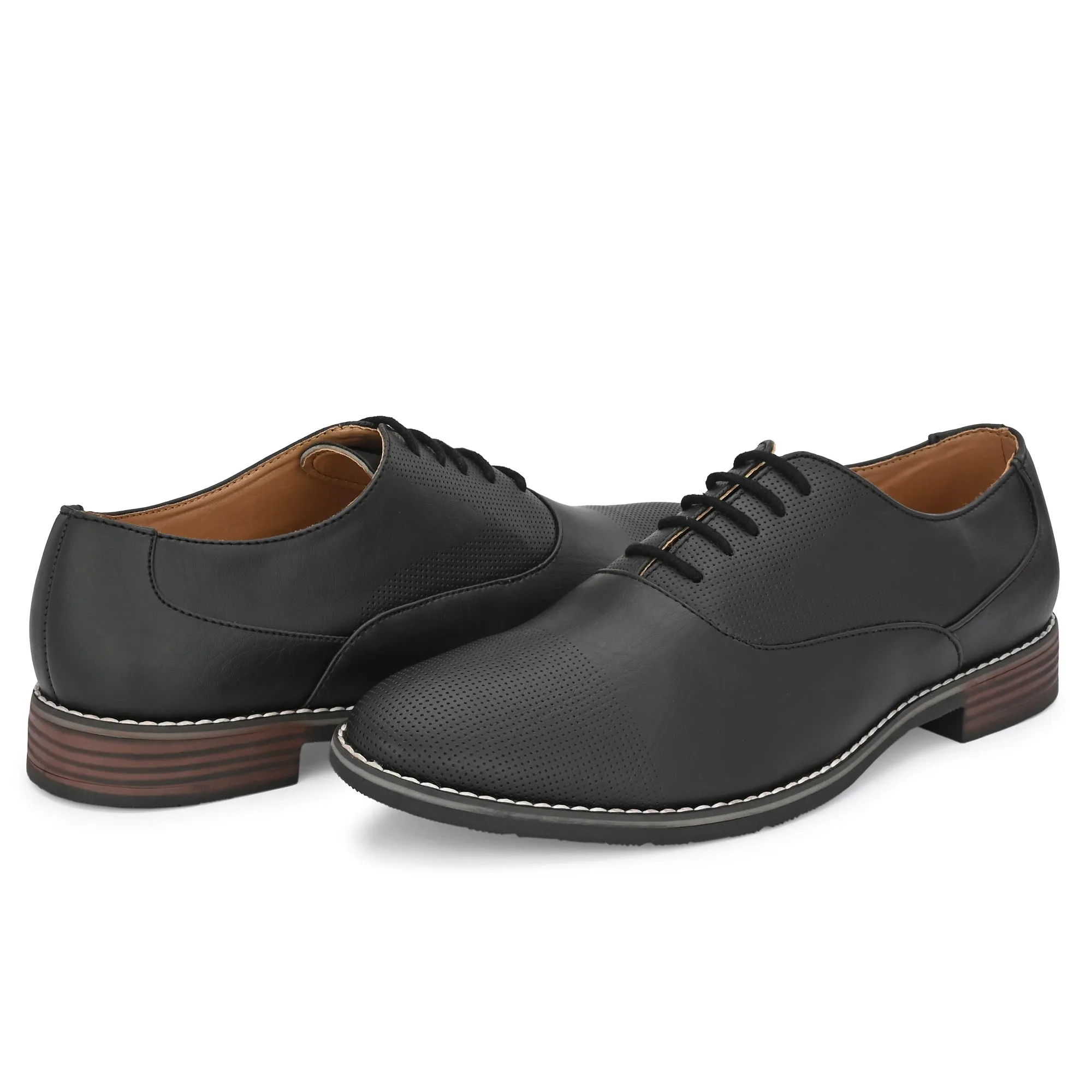 Attitudist Unisex Handcrafted Plain Oxford Matte Black Formal Derby Shoes With Textured Toe