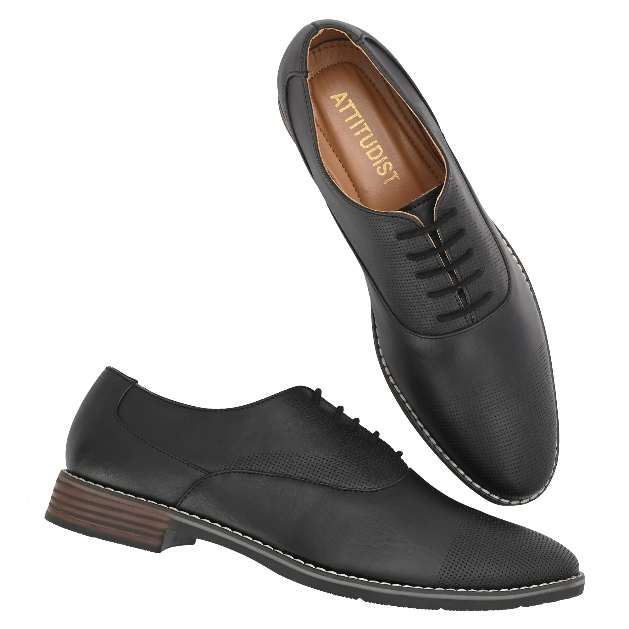 Attitudist Unisex Handcrafted Plain Oxford Matte Black Formal Derby Shoes With Textured Toe