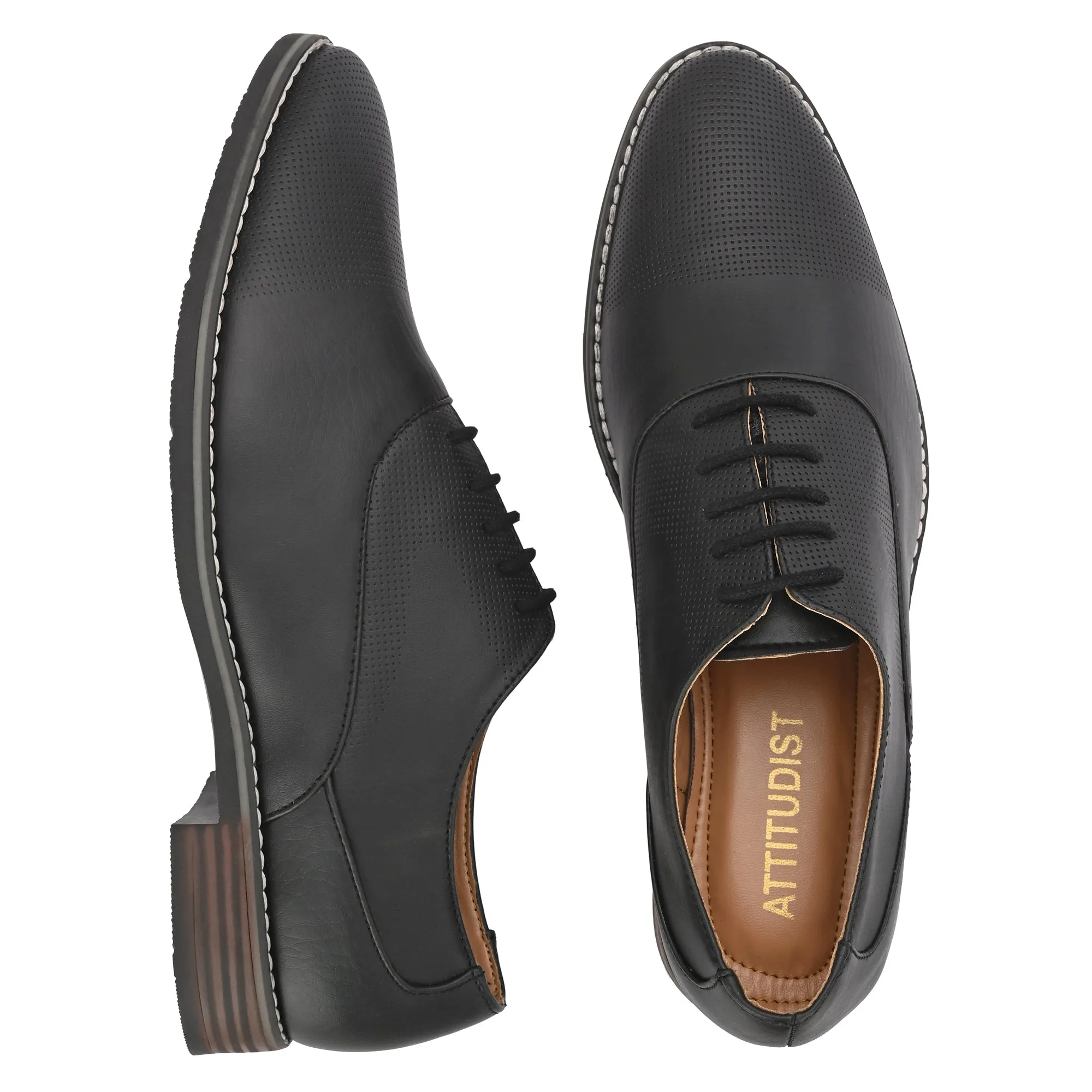 Attitudist Unisex Handcrafted Plain Oxford Matte Black Formal Derby Shoes With Textured Toe