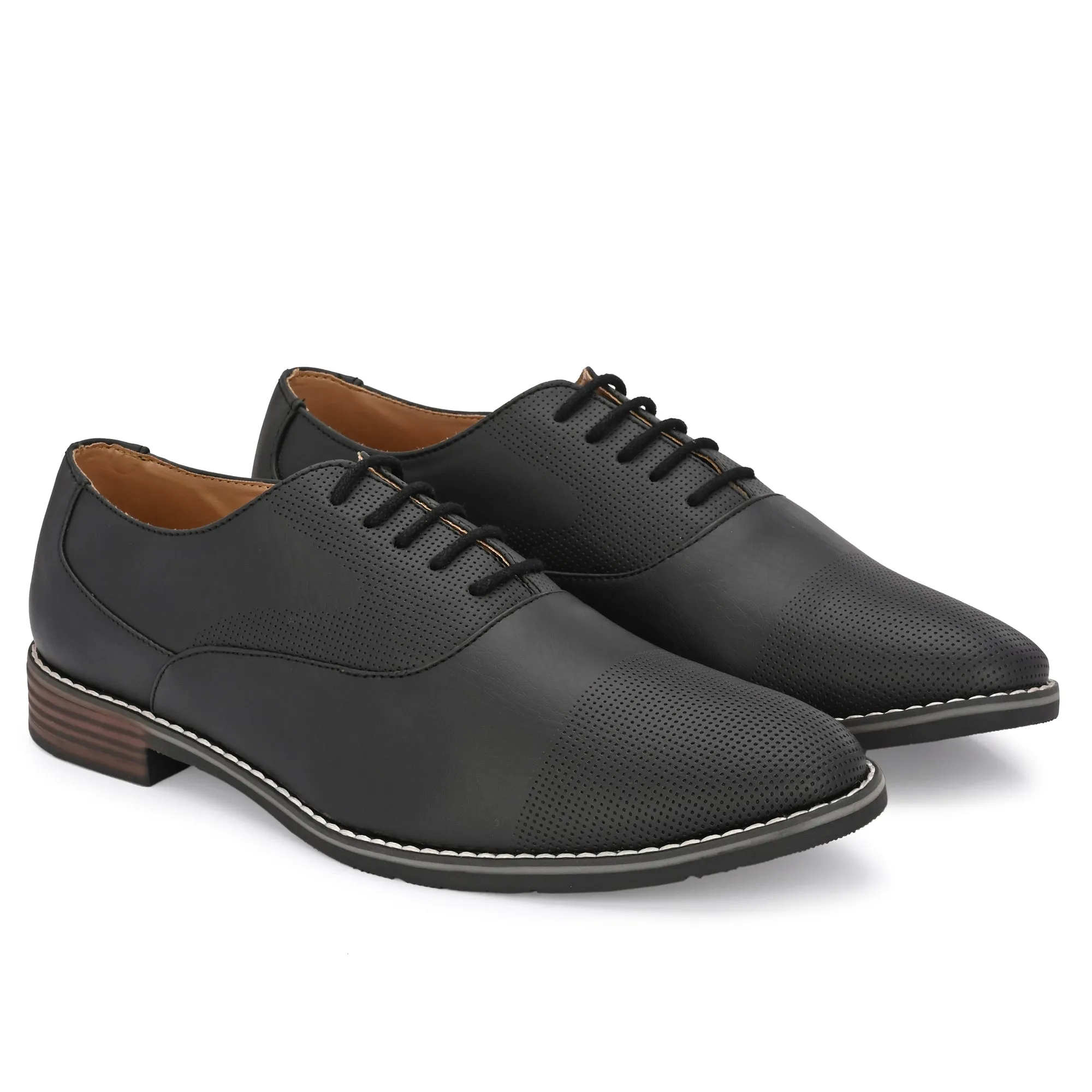 Attitudist Unisex Handcrafted Plain Oxford Matte Black Formal Derby Shoes With Textured Toe