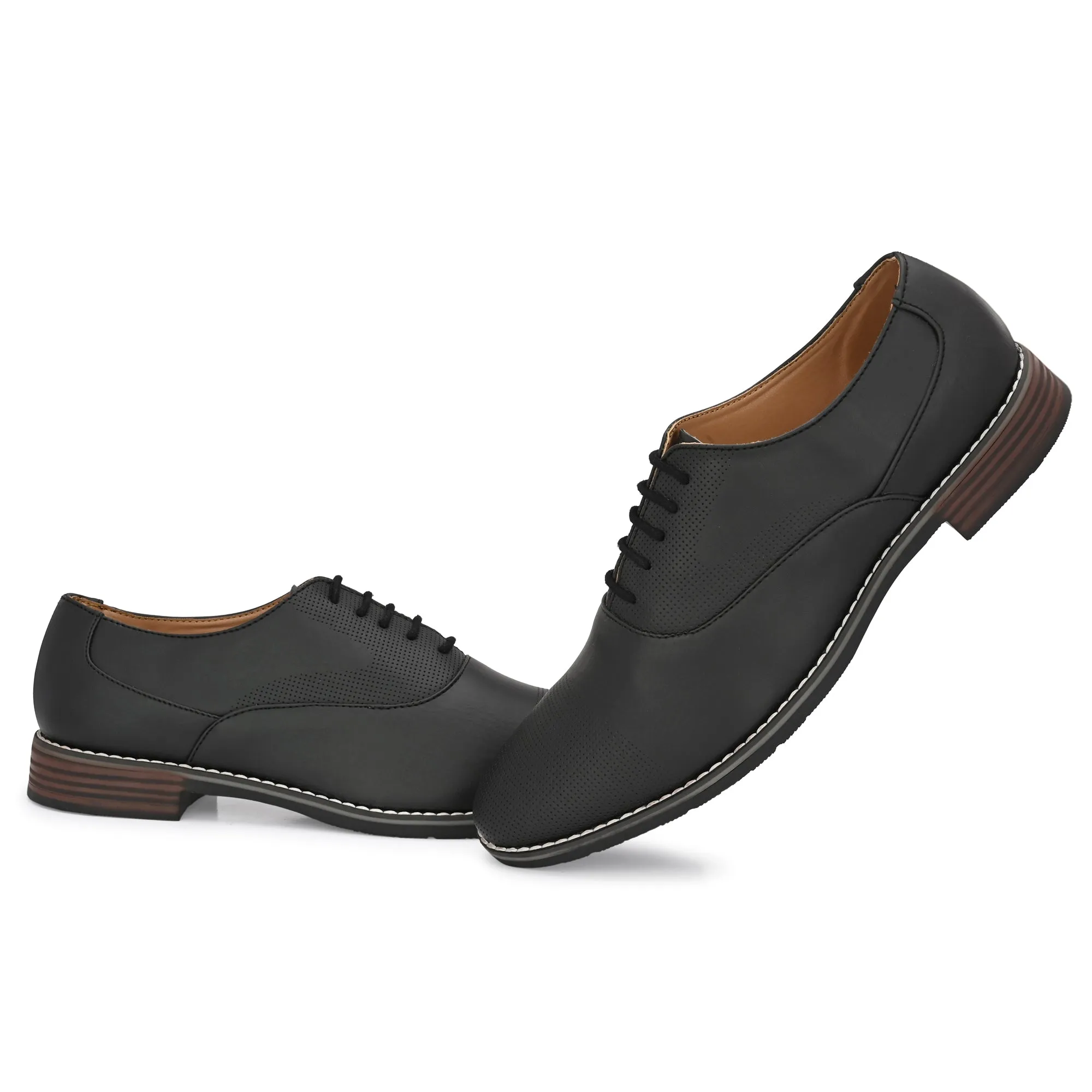 Attitudist Unisex Handcrafted Plain Oxford Matte Black Formal Derby Shoes With Textured Toe