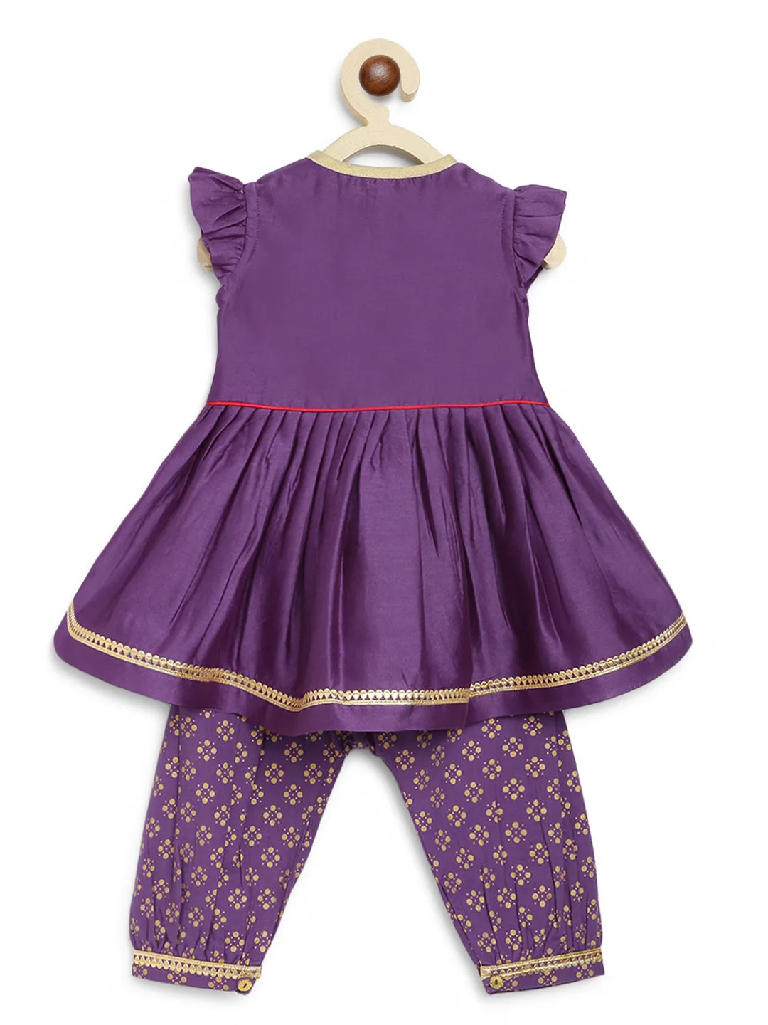 Baby Girl Chanderi Silk Ruffle Sleeves Angrakha Set - Purple