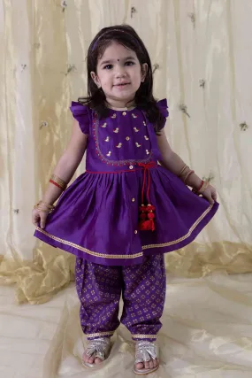 Baby Girl Chanderi Silk Ruffle Sleeves Angrakha Set - Purple