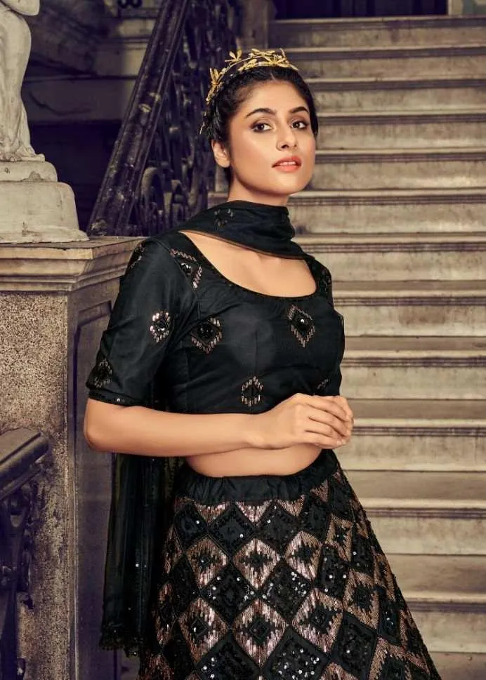 Black Net Sequience Embroidered Lehenga Set Rent