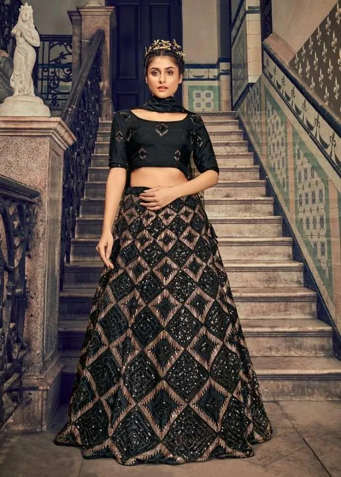 Black Net Sequience Embroidered Lehenga Set Rent