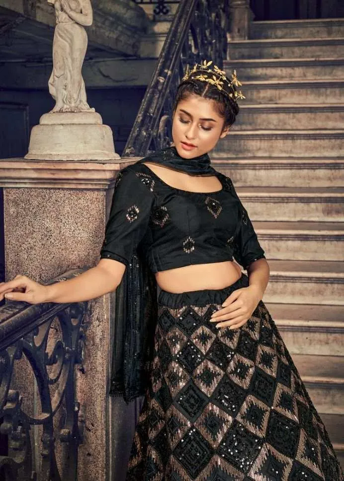 Black Net Sequience Embroidered Lehenga Set Rent