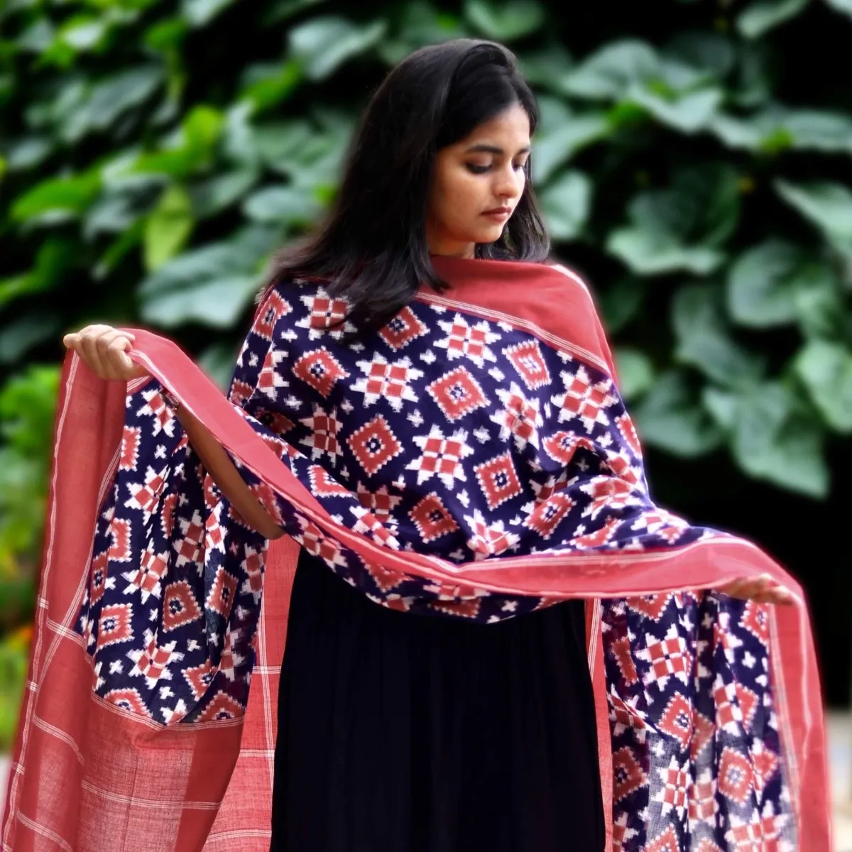 Blue, Red, & White Handloom Cotton Telia Rumal Dupatta