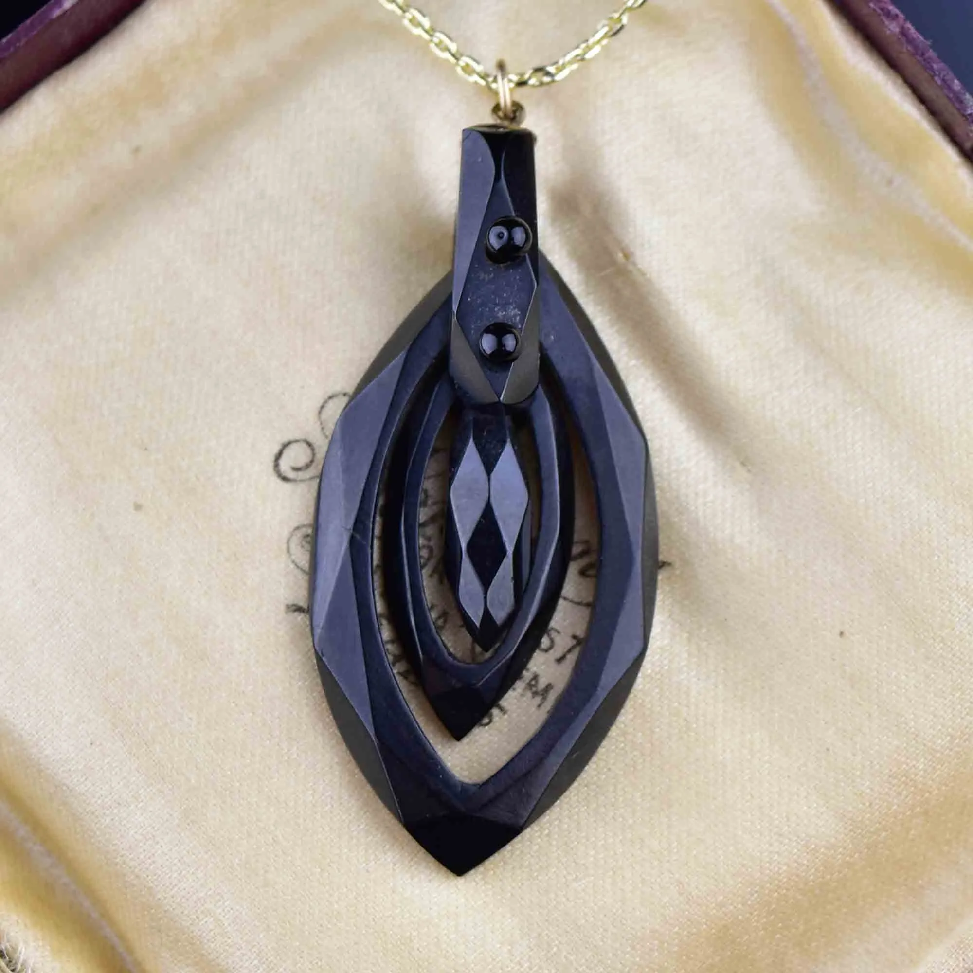 Carved Whitby Jet Victorian Pendant Necklace