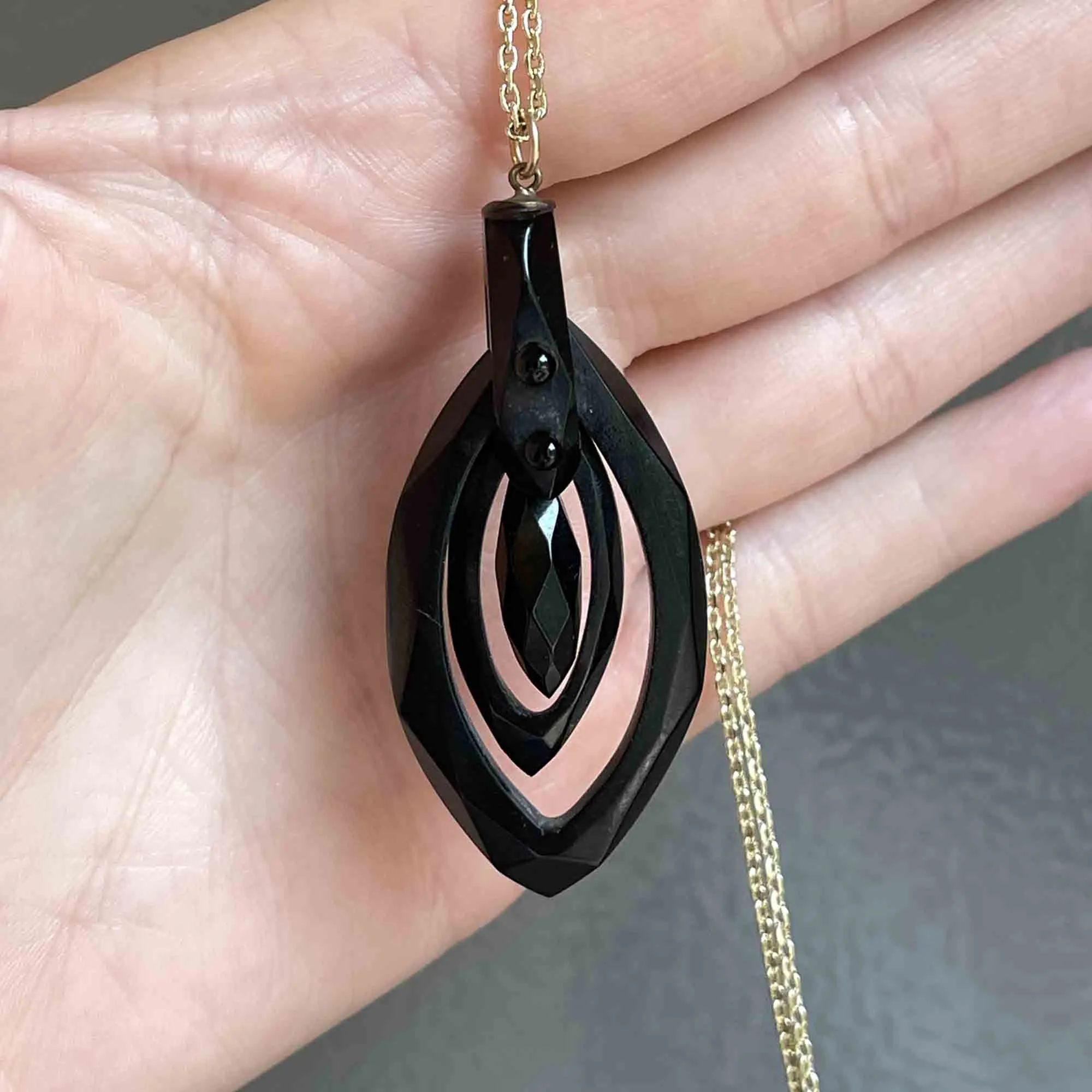 Carved Whitby Jet Victorian Pendant Necklace