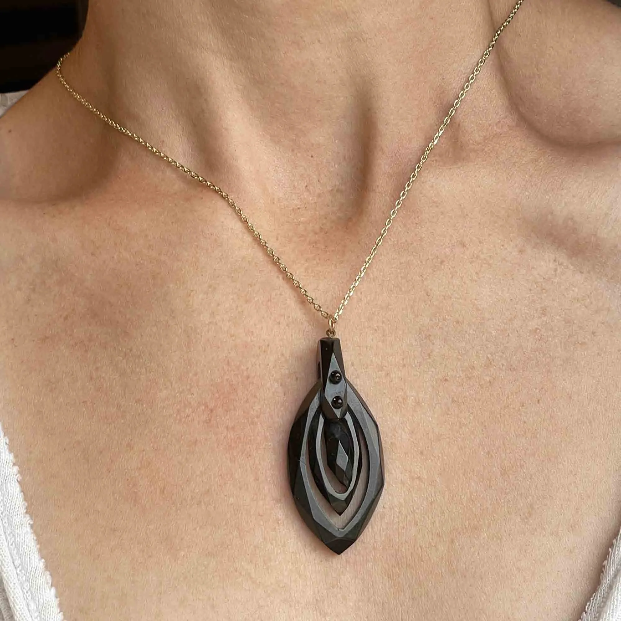 Carved Whitby Jet Victorian Pendant Necklace