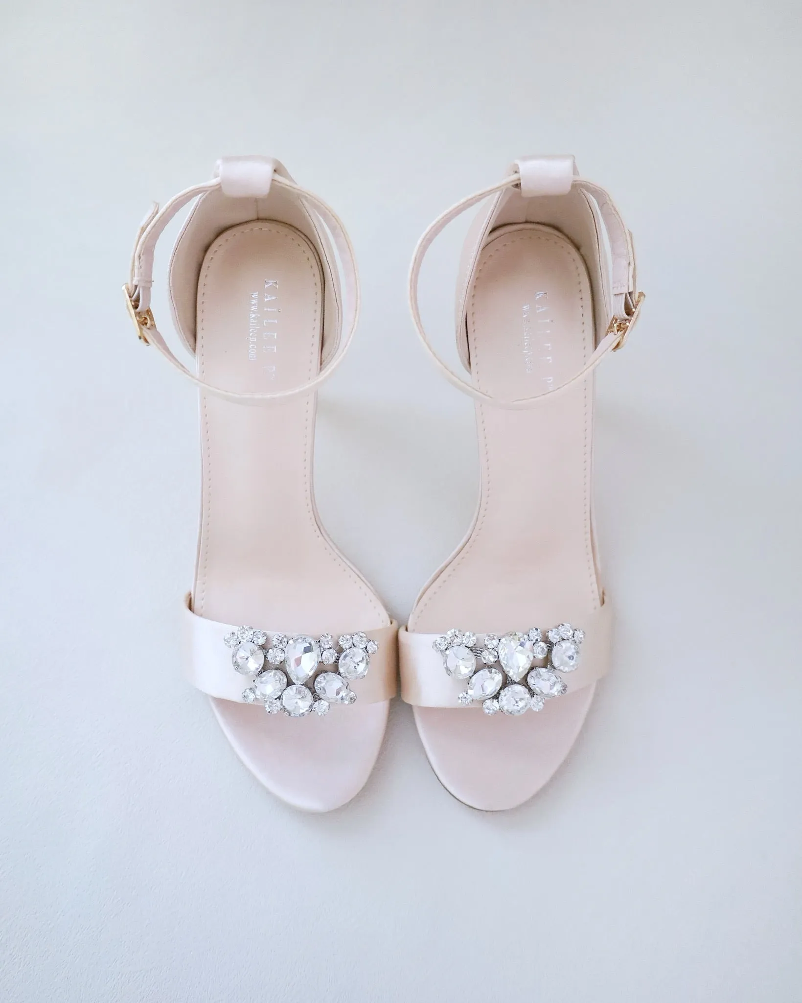 Champagne Satin High Heel Evening Sandals with Dewdrop Brooch