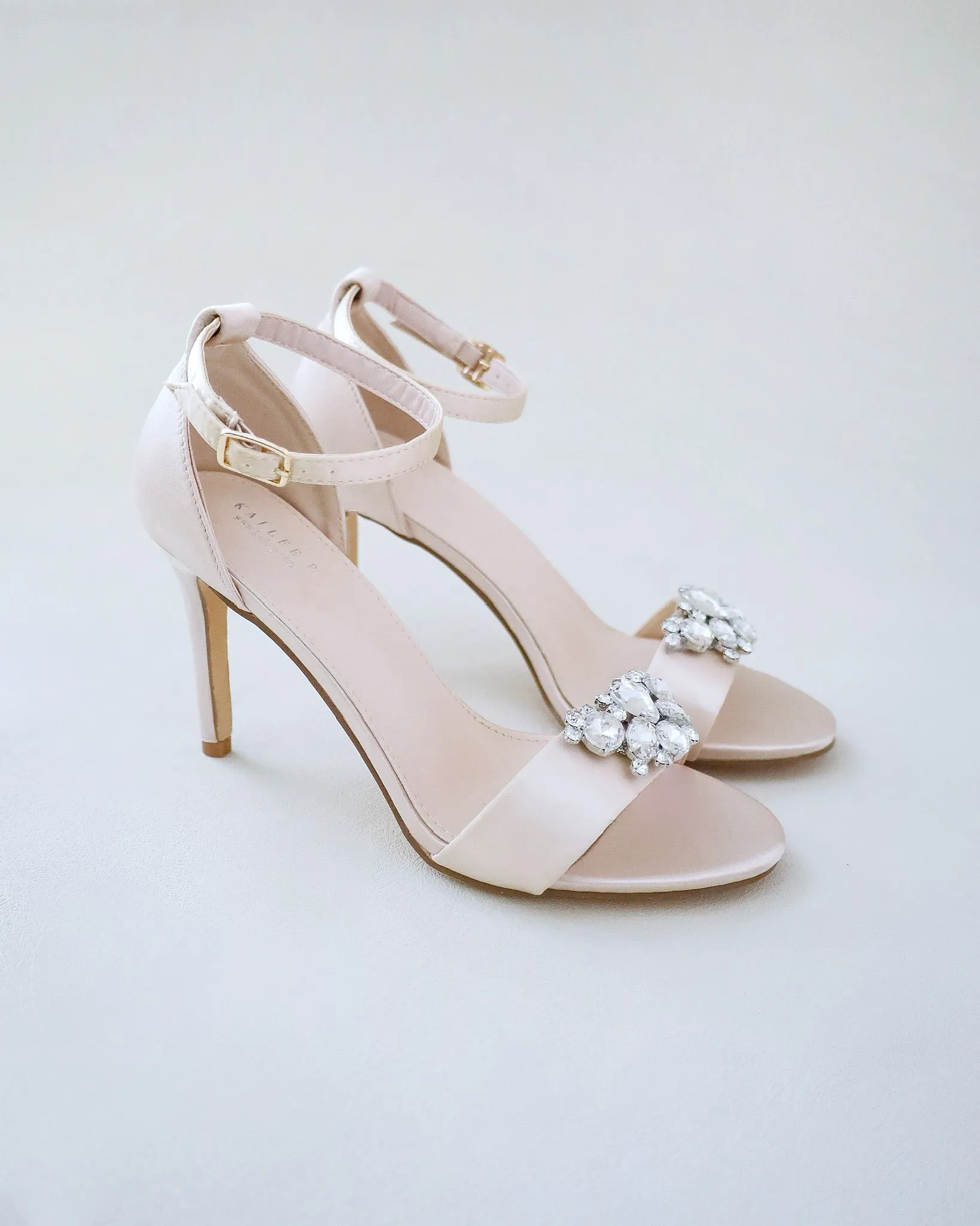 Champagne Satin High Heel Evening Sandals with Dewdrop Brooch