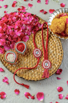 Crimson Charm Embroidered Rakhi and Lumba Set of 2