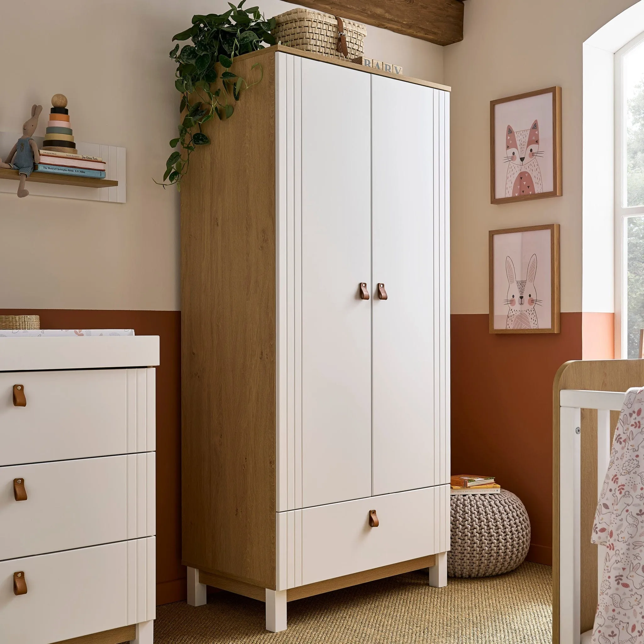 CuddleCo Rafi 3pc Set 3 Drawer Dresser, Cot Bed and Wardrobe - Oak/White