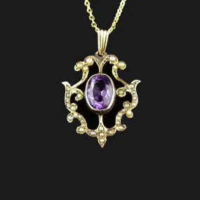 Edwardian Gold Amethyst Seed Pearl Lavaliere Pendant Necklace