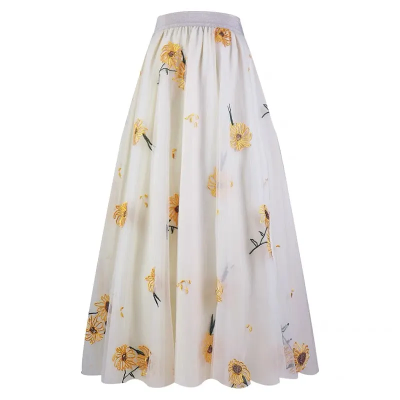 Fairy Beige High Waist Sunflower Embroidered Tulle Skirt NN009