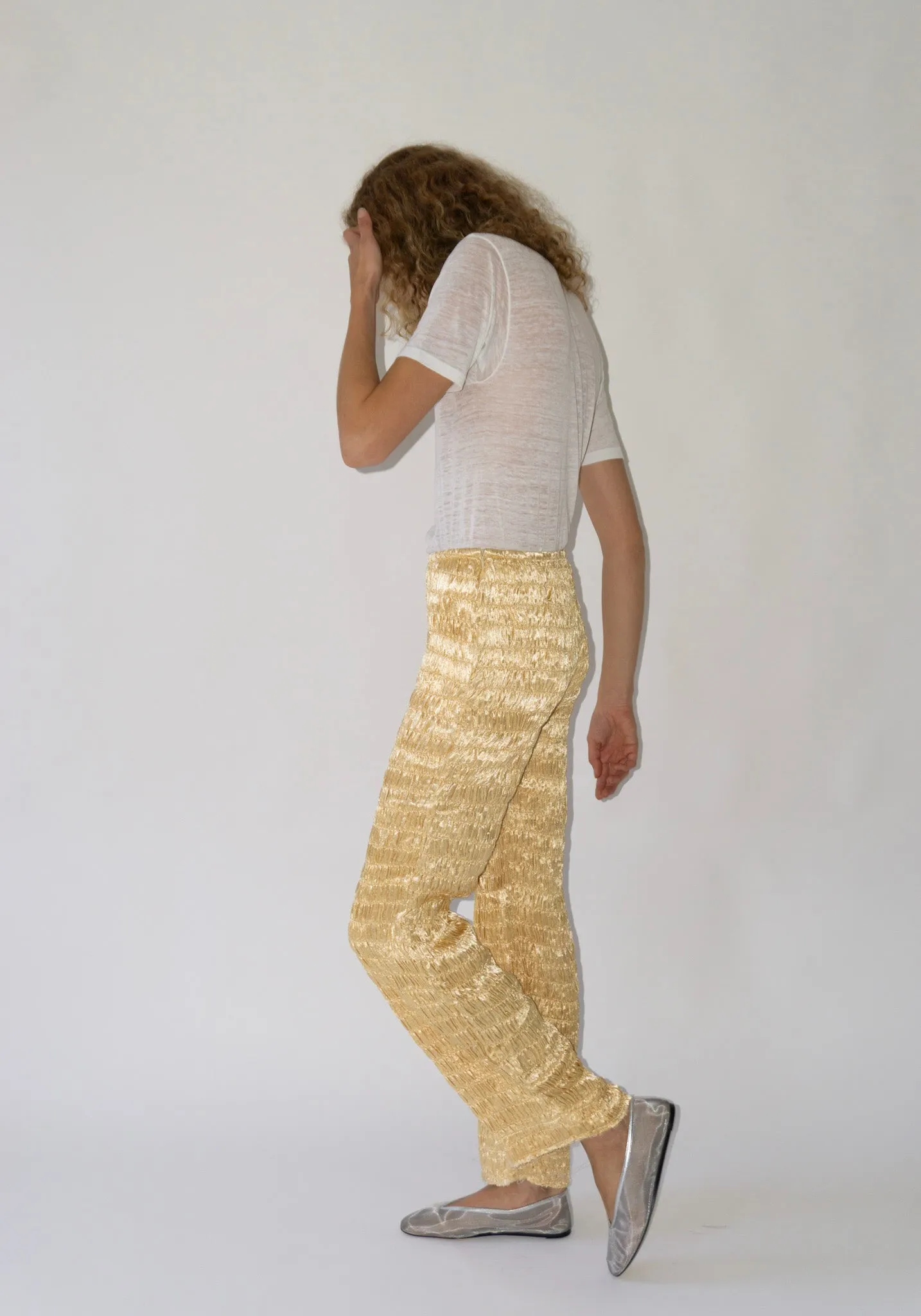 Gathered Silk Mashroo Zip Pant in Pale Yellow