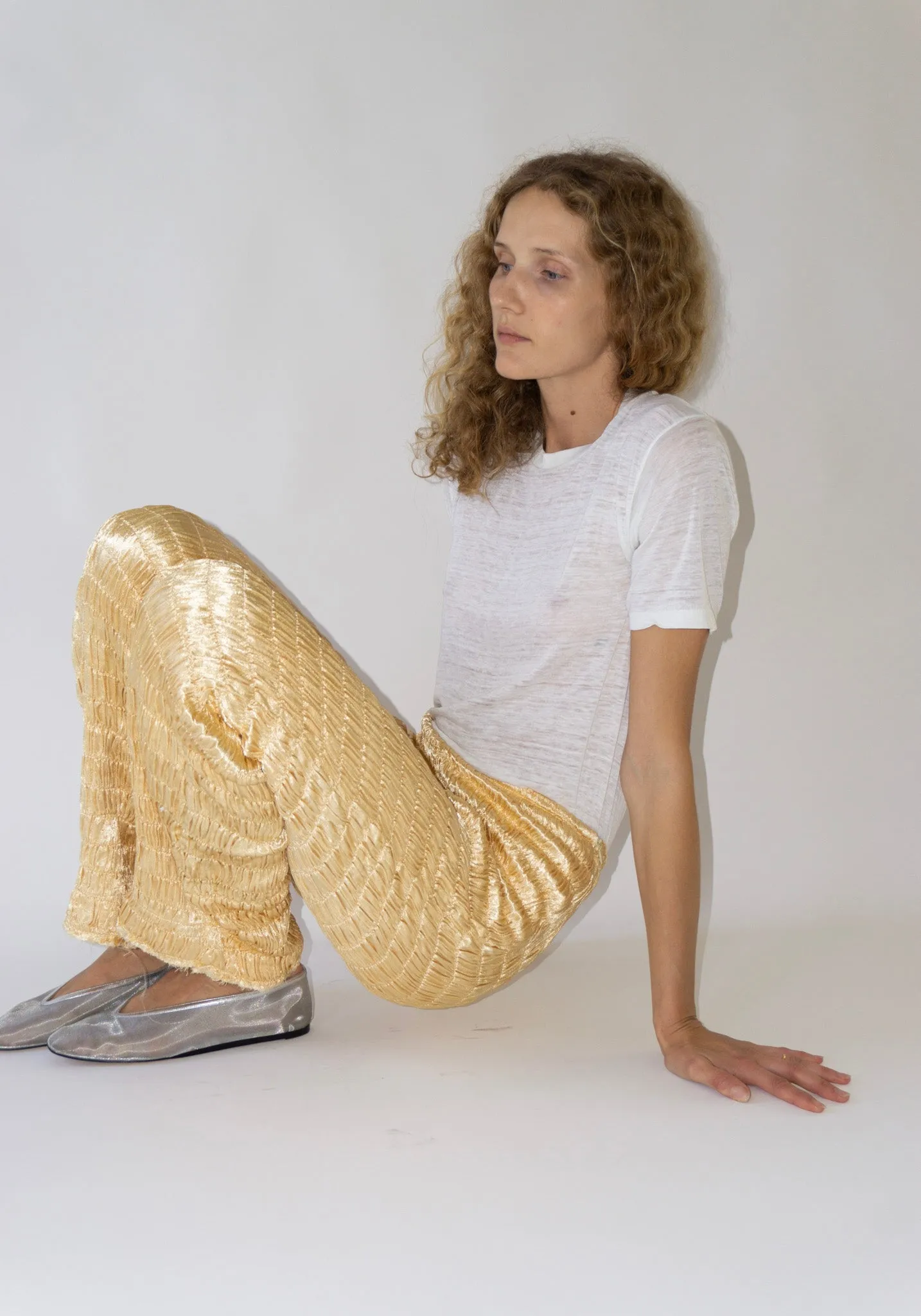 Gathered Silk Mashroo Zip Pant in Pale Yellow