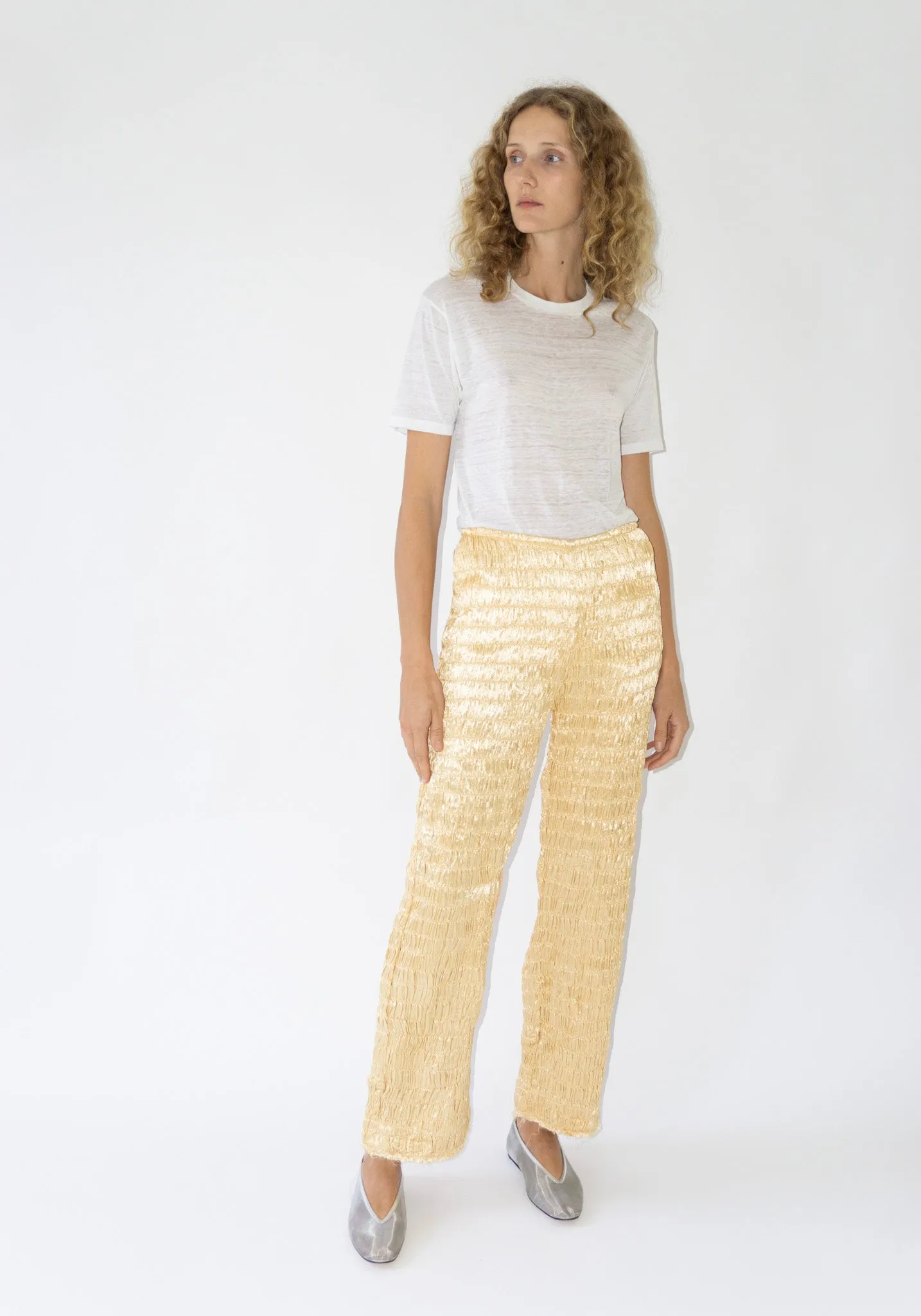 Gathered Silk Mashroo Zip Pant in Pale Yellow