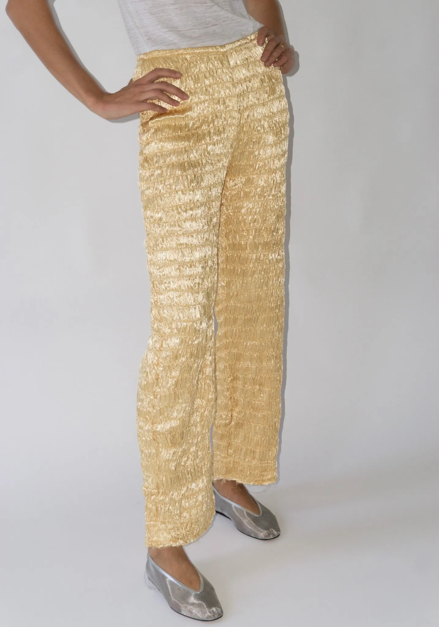 Gathered Silk Mashroo Zip Pant in Pale Yellow