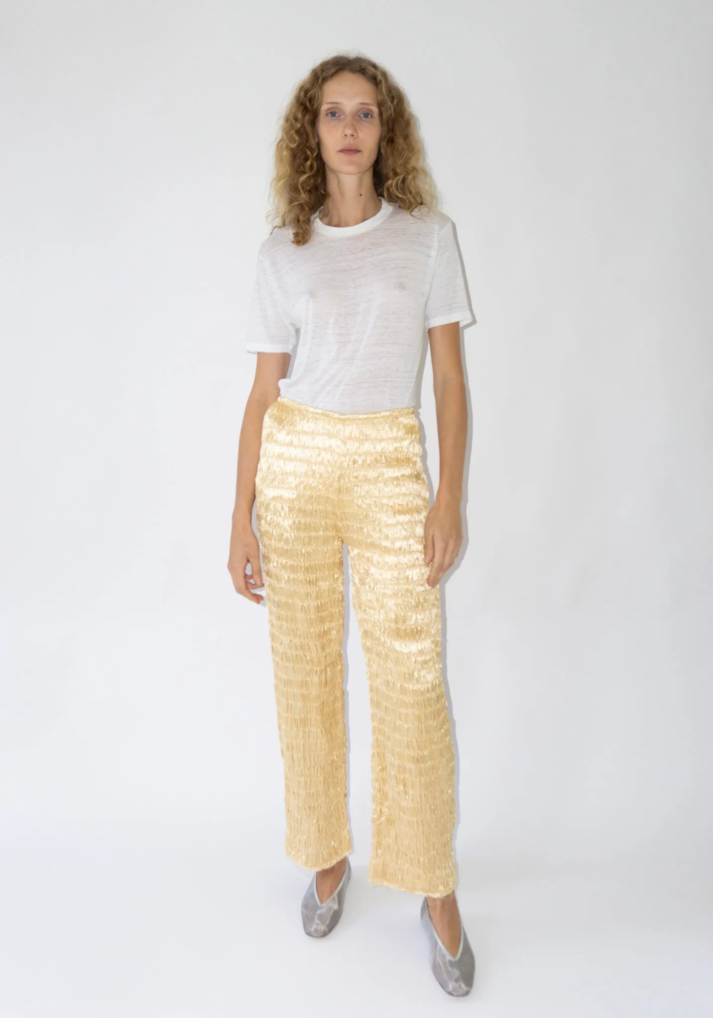 Gathered Silk Mashroo Zip Pant in Pale Yellow