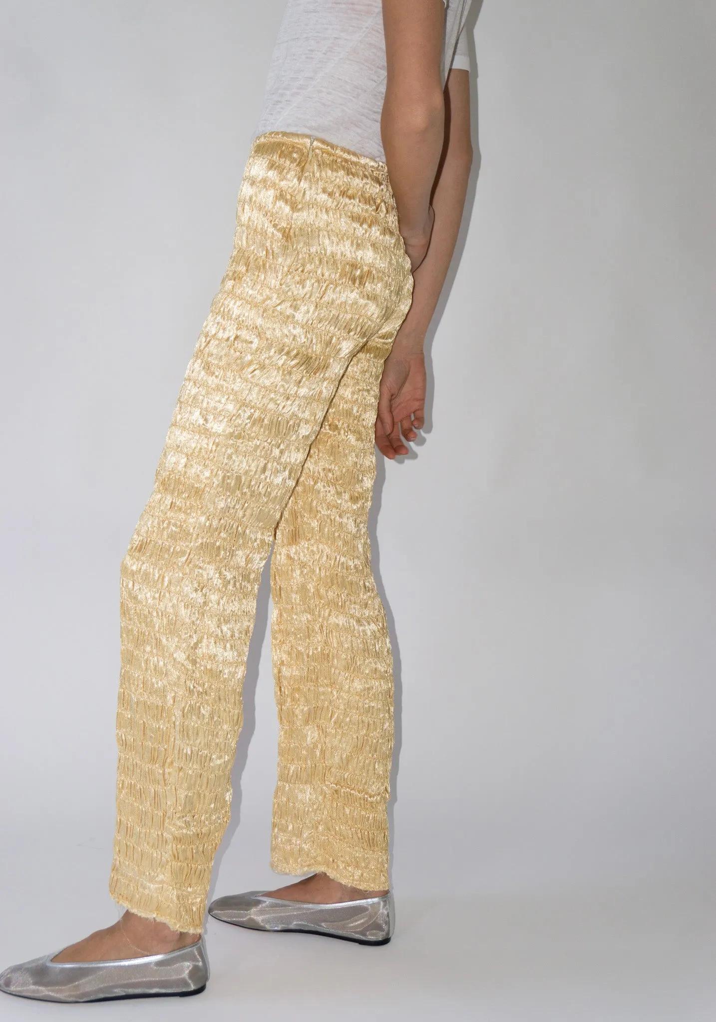 Gathered Silk Mashroo Zip Pant in Pale Yellow