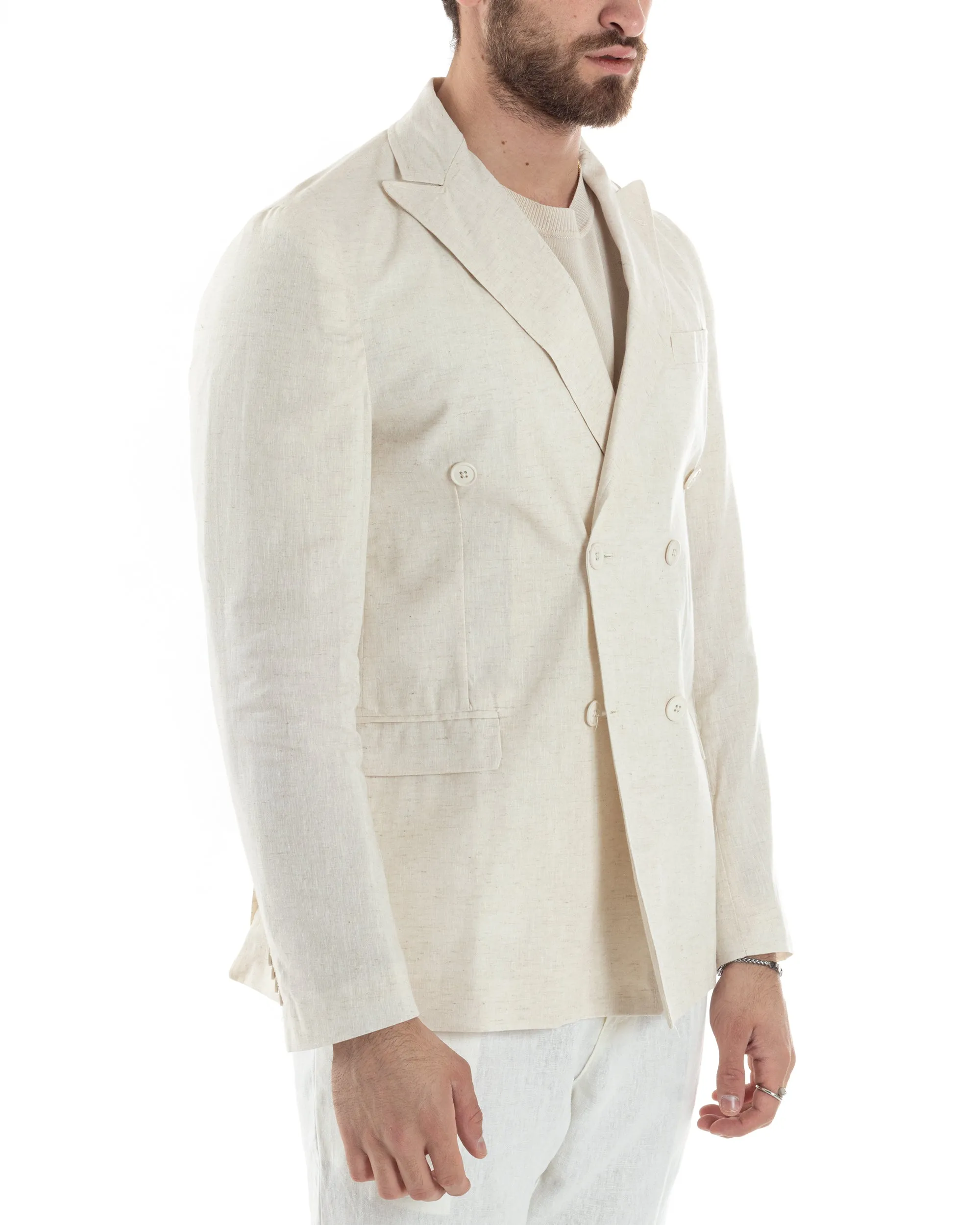 Giacca Uomo Lino Doppiopetto Melangiata Cerimonia Elegante Casual Beige GIOSAL-G3178A