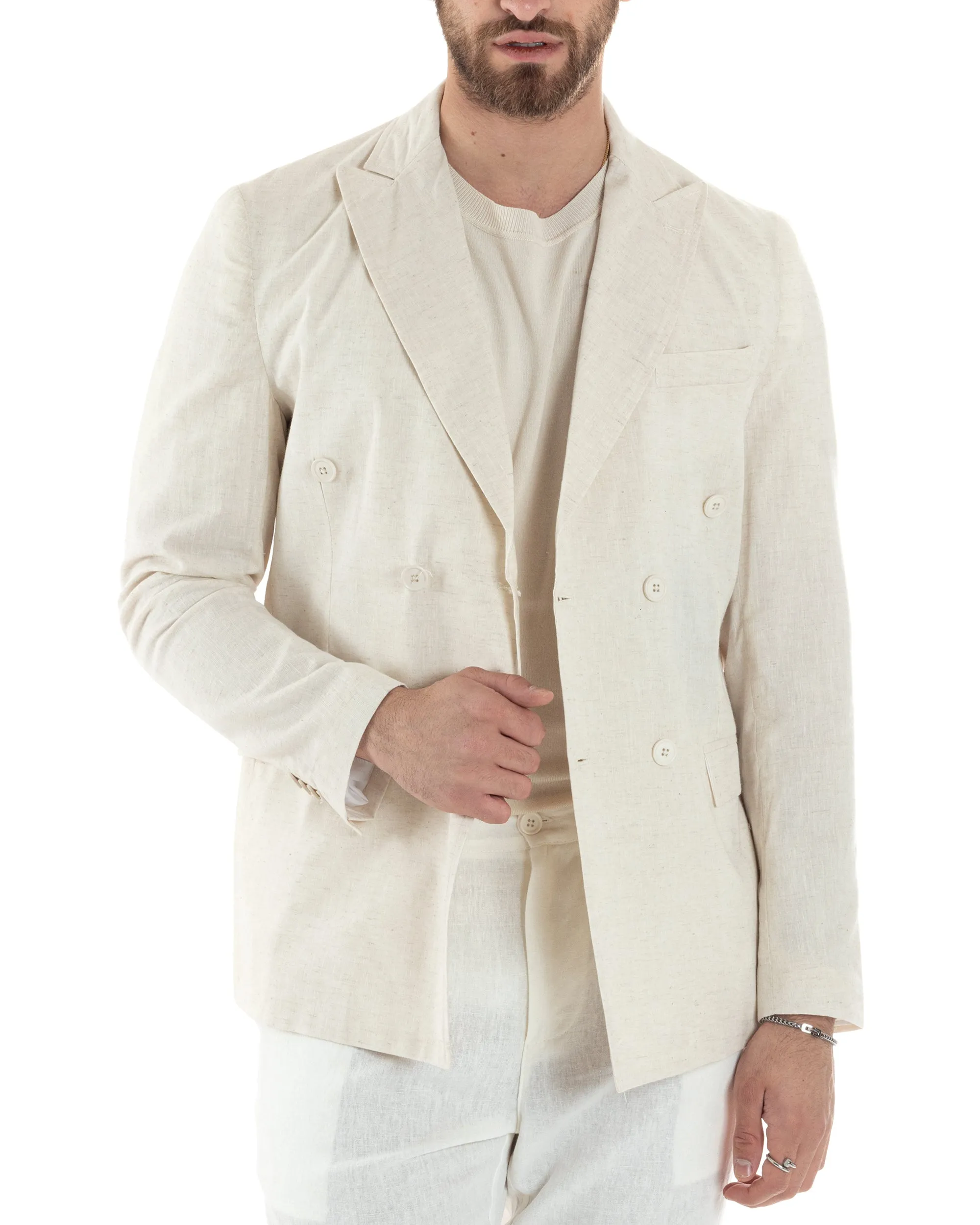 Giacca Uomo Lino Doppiopetto Melangiata Cerimonia Elegante Casual Beige GIOSAL-G3178A