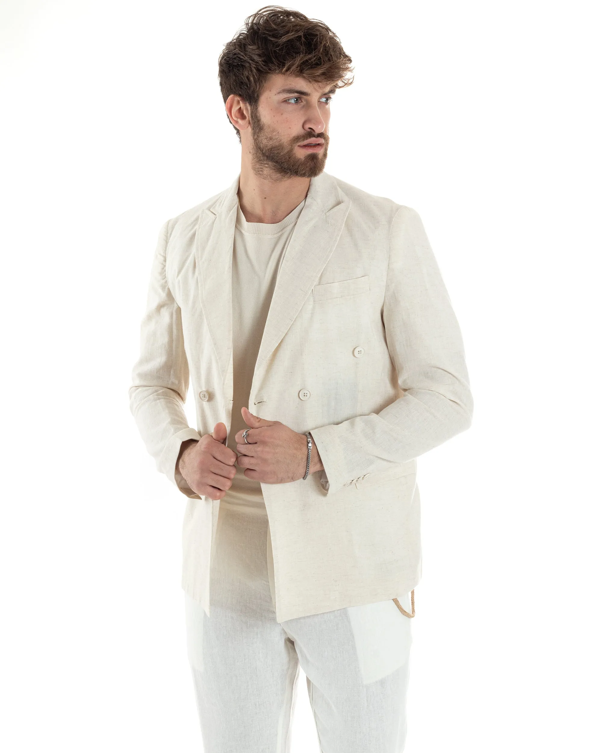 Giacca Uomo Lino Doppiopetto Melangiata Cerimonia Elegante Casual Beige GIOSAL-G3178A