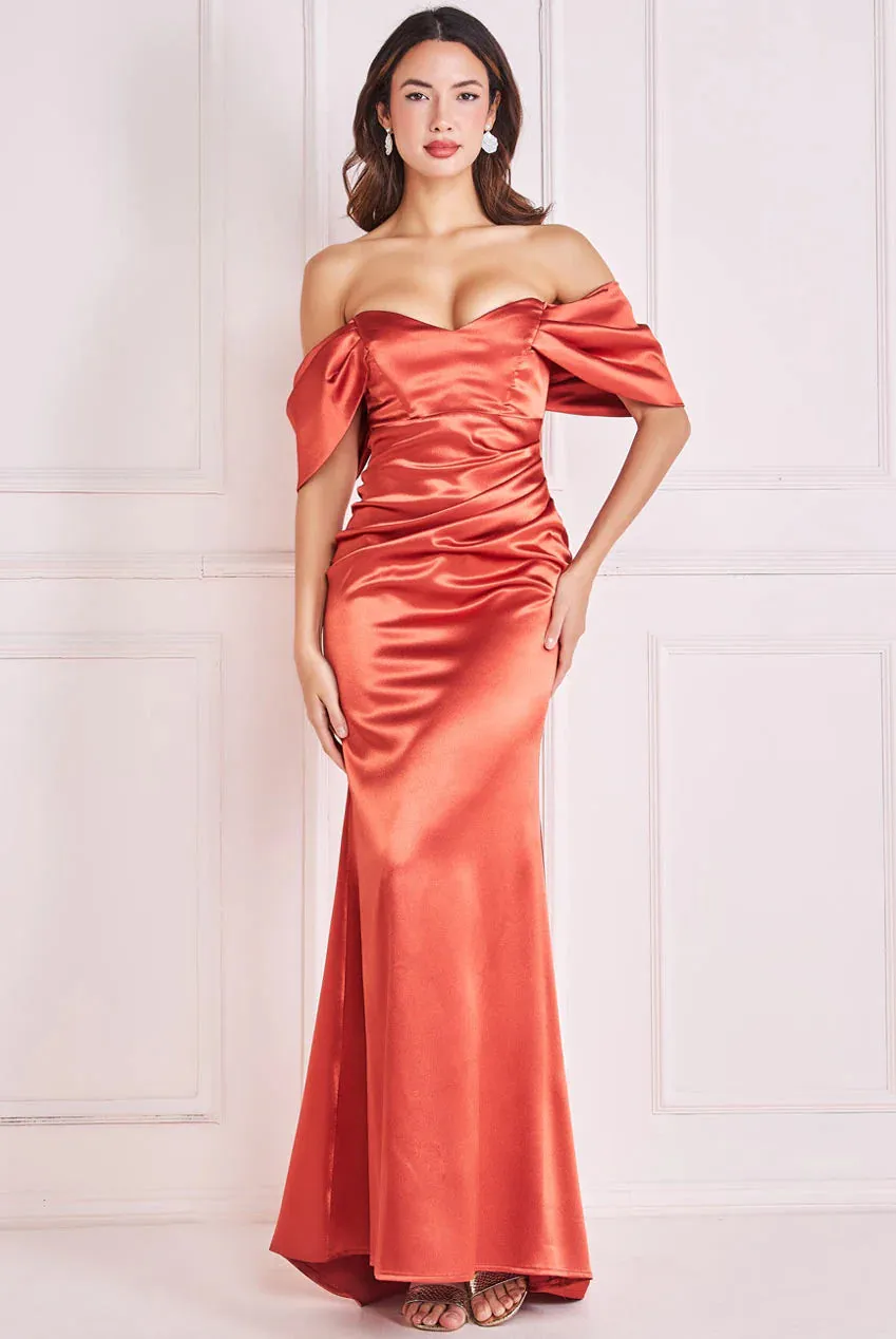 Goddiva Off Shoulder Satin Maxi With V Neck