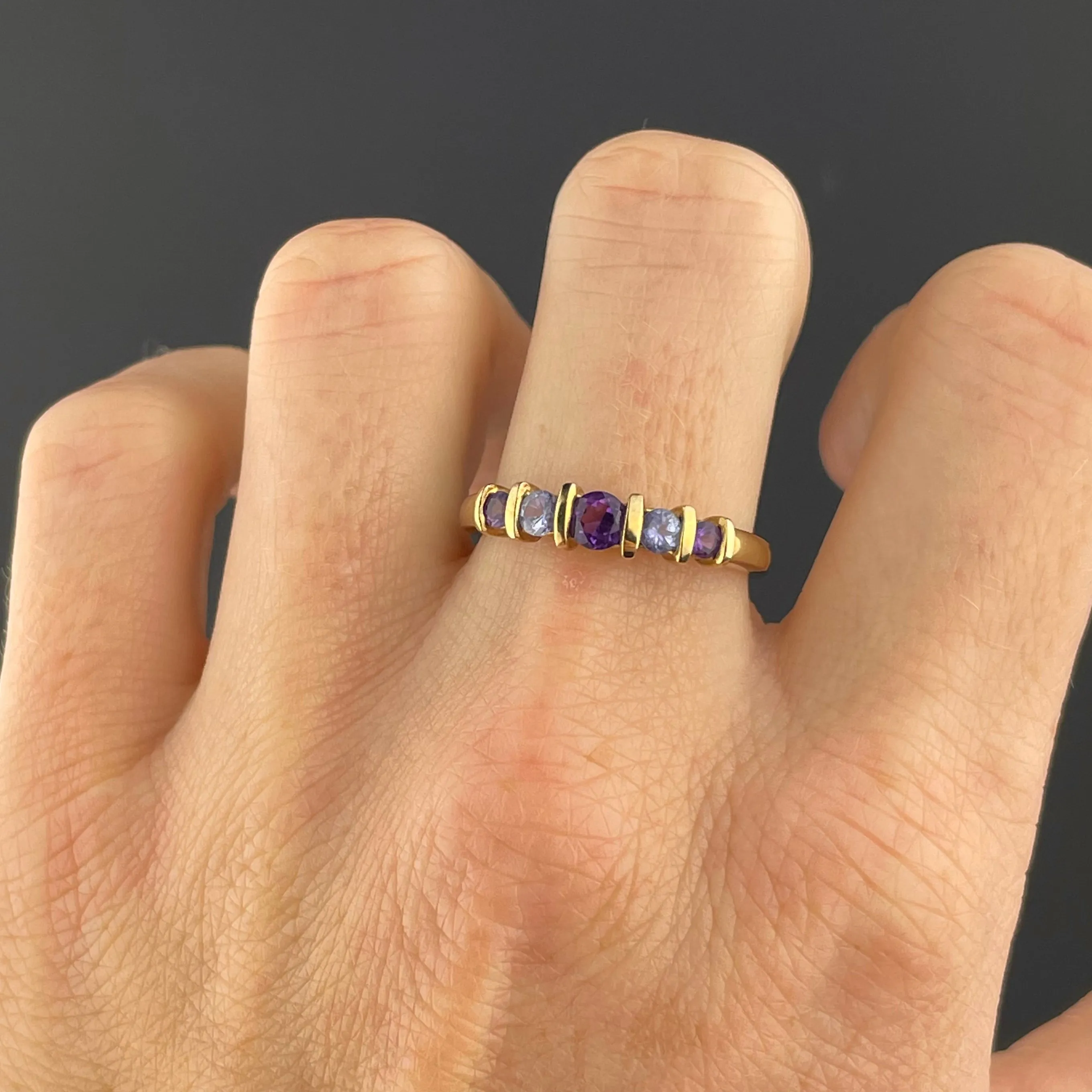 Gold Amethyst Tanzanite Five Stone Ring, Sz 8.5