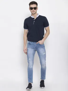 Men Navy Blue Solid Mandarin Collar T-shirt