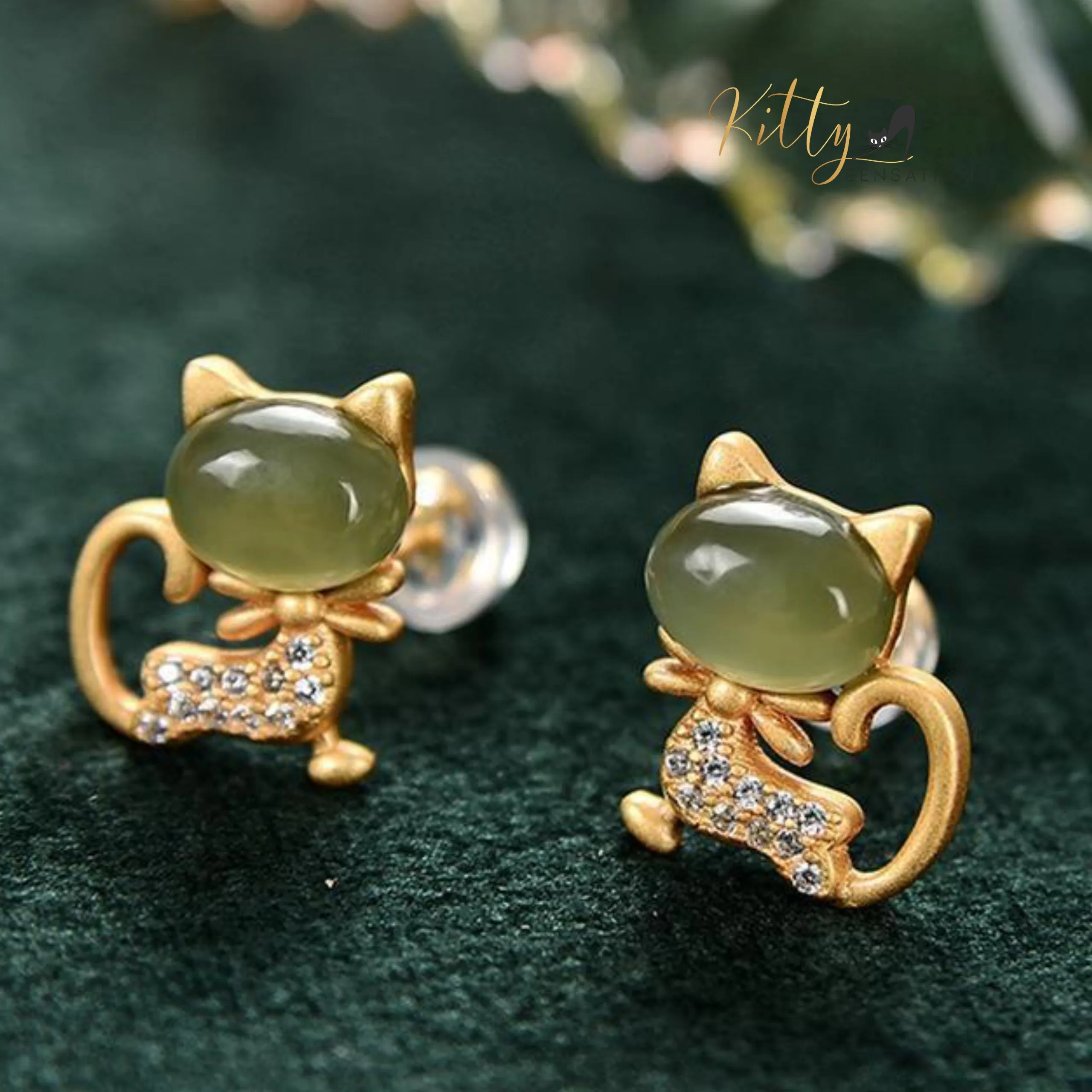 Natural Jade Bow Cat CZ Stud Earrings in Solid 925 Sterling Silver (Gold Plated)