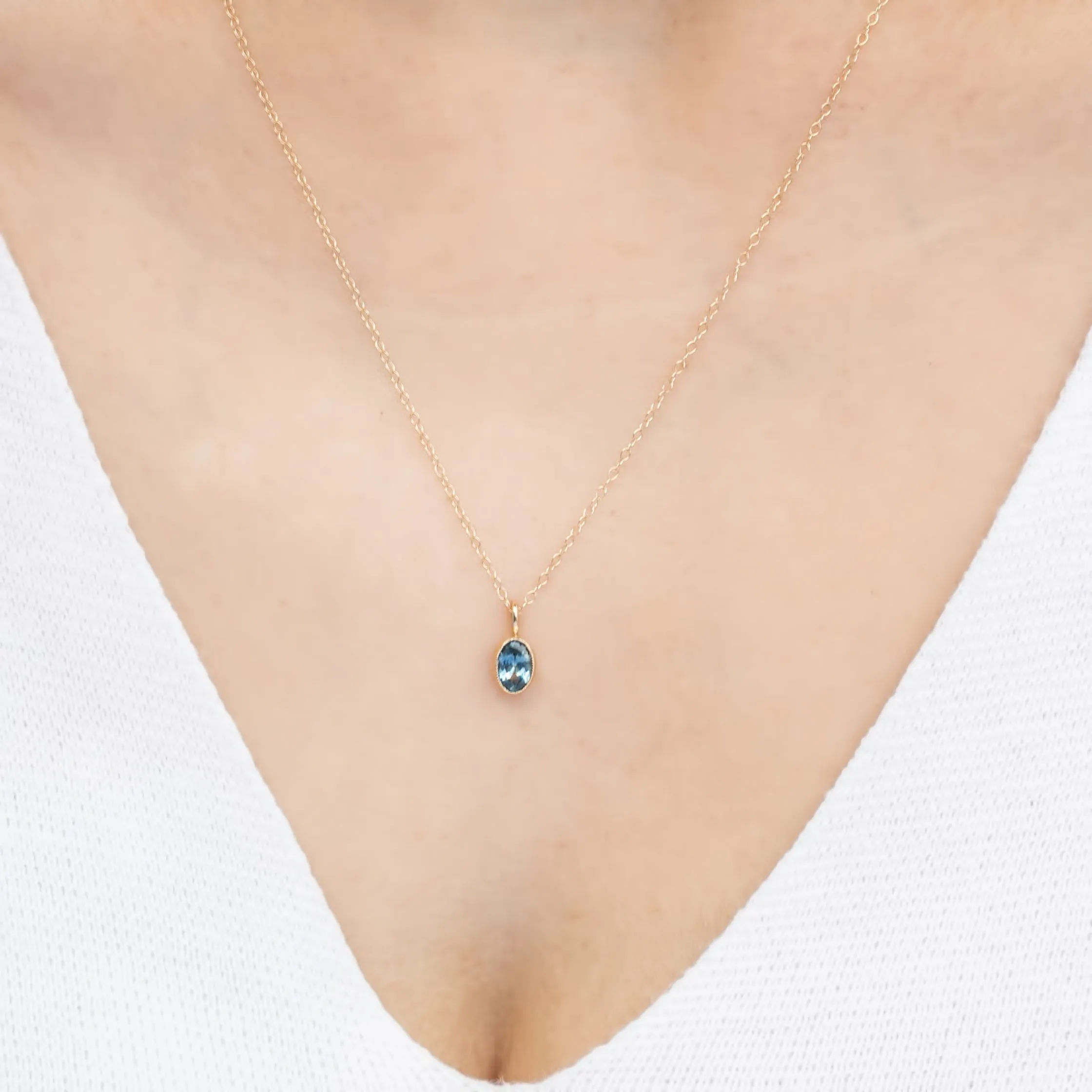 Ocean Blue Montana Sapphire Bezel Set Charm Necklace (One of a kind)