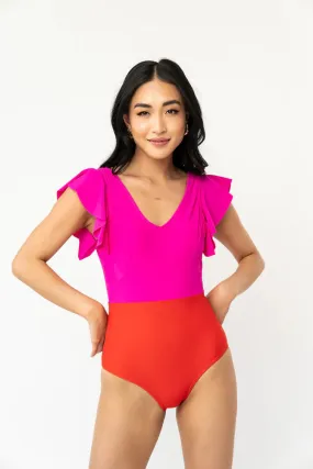 One Piece Backless Swimsuit- Pink & Red Colorblock