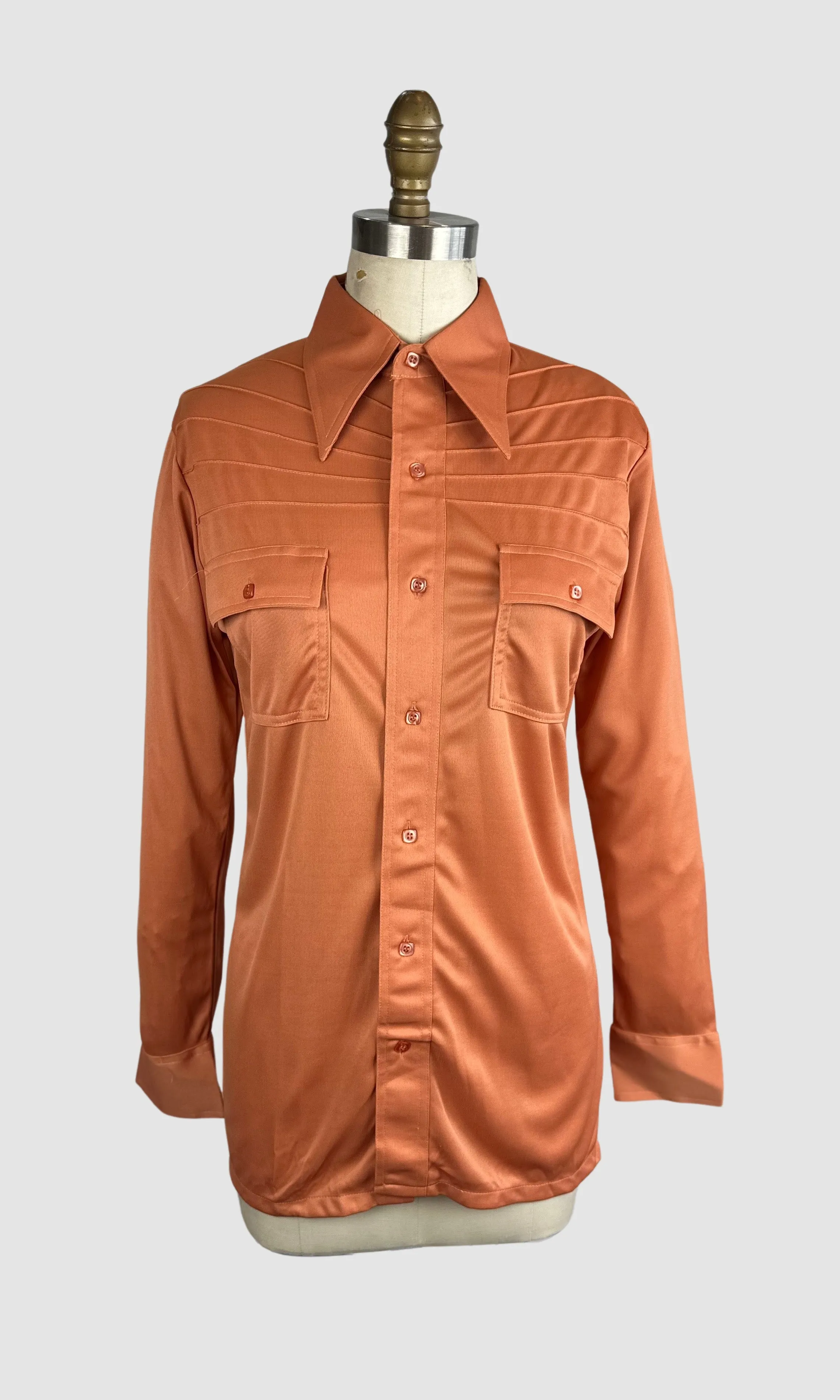 PIERRE FOSHEY 70s Deadstock Orange Polyester Disco Shirt  Large